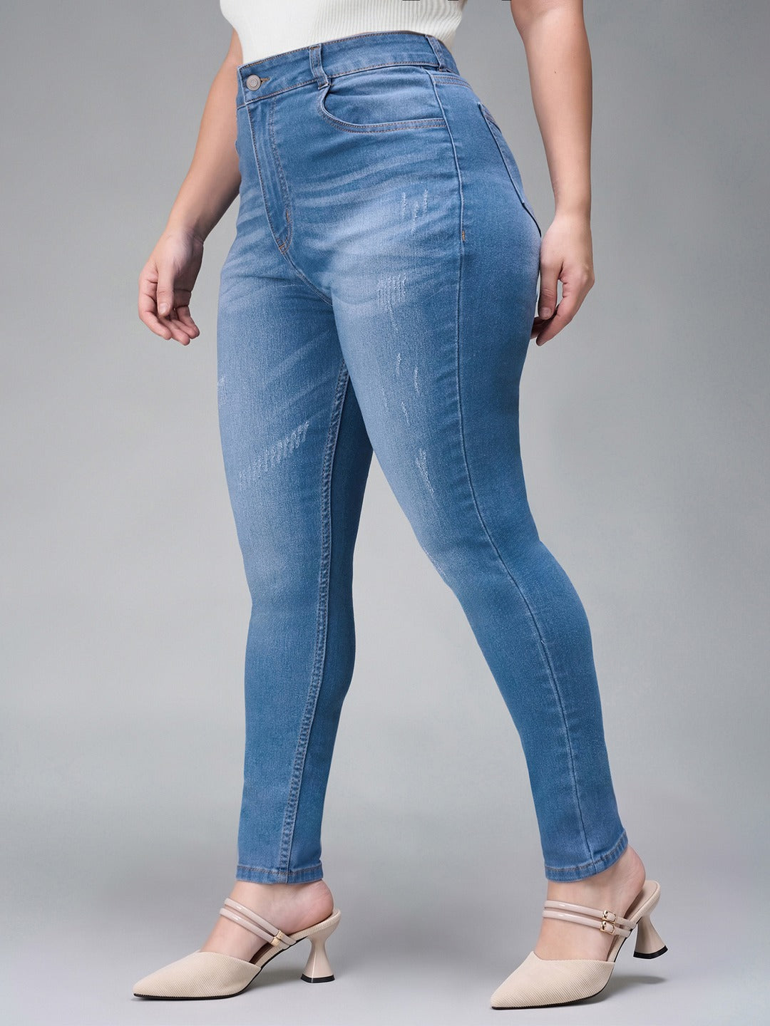 Blue Skinny High Rise Mild Distress Regular Stretchable Denim Jeans for Women