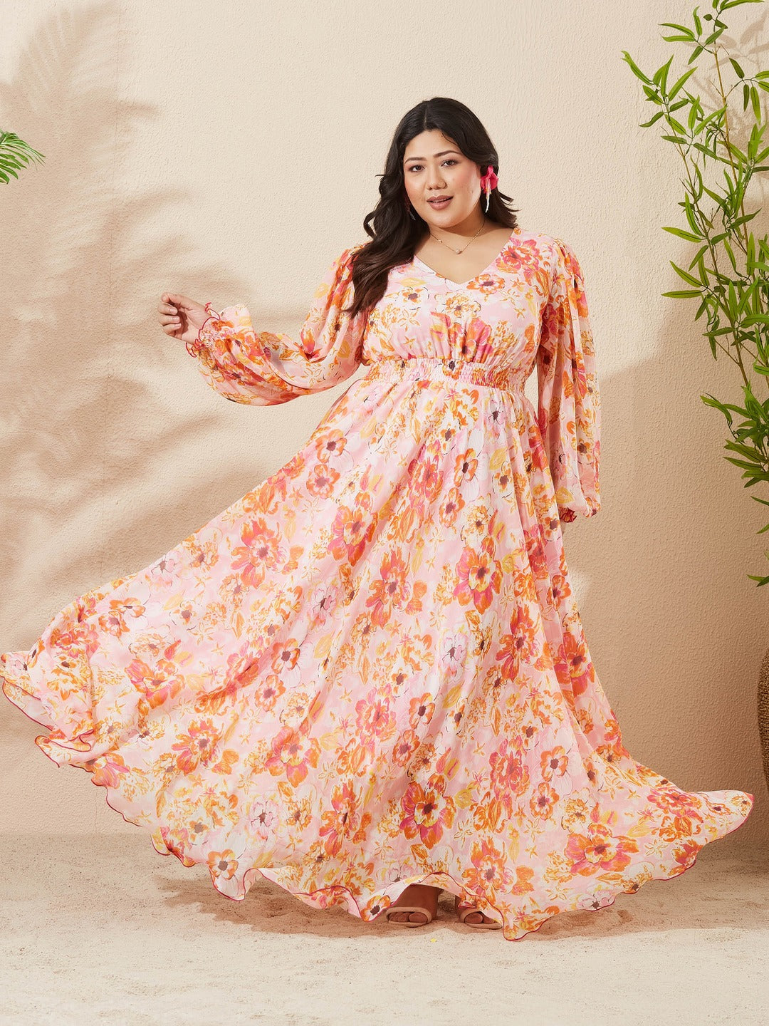 Pink & Orange Floral V-Neck Smocked Bishop Sleeve Maxi Chiffon Dress for Women