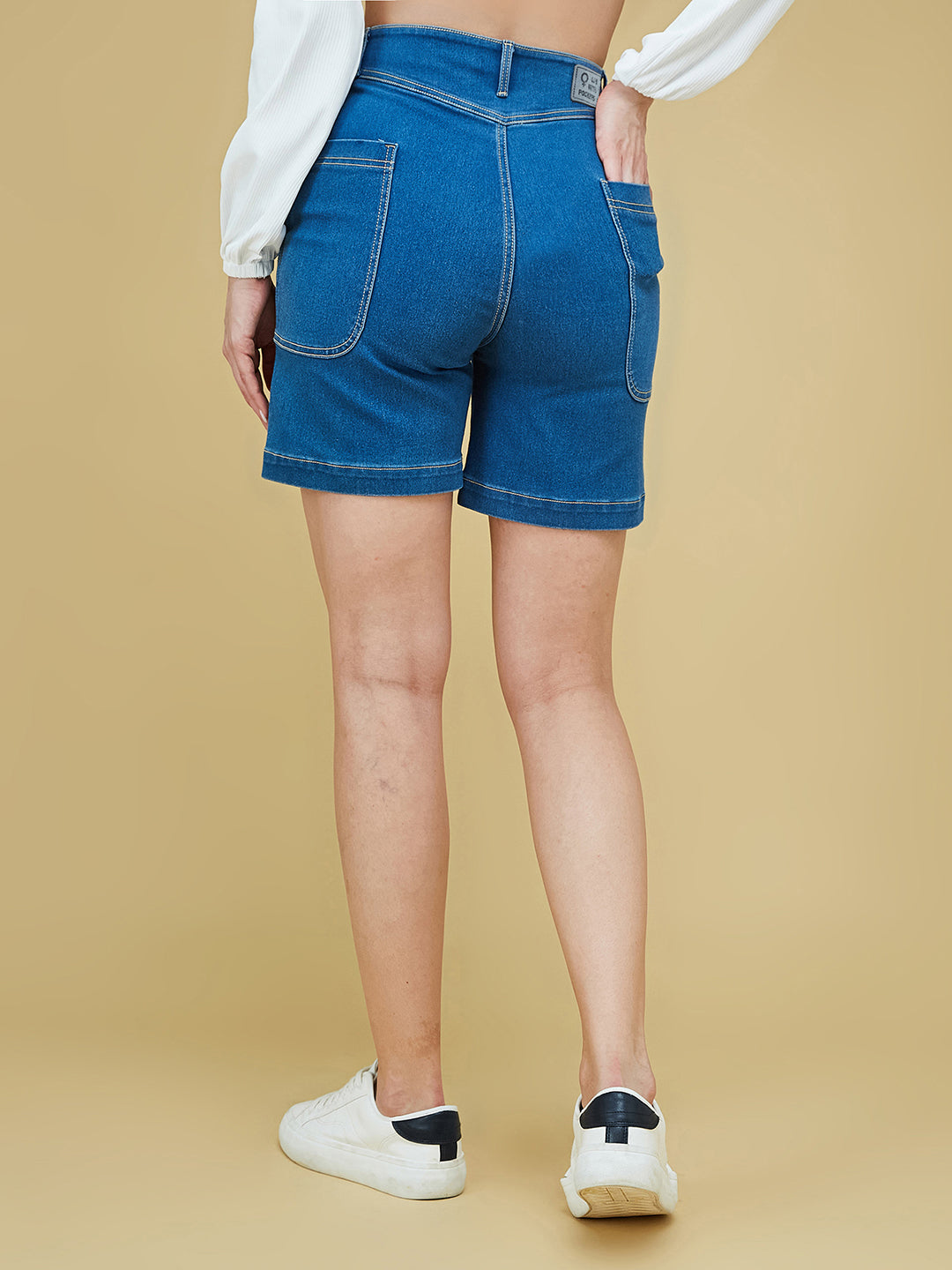Relaxed-Fit Mid-Rise Stretchable Blue Denim Bermuda Shorts for Women