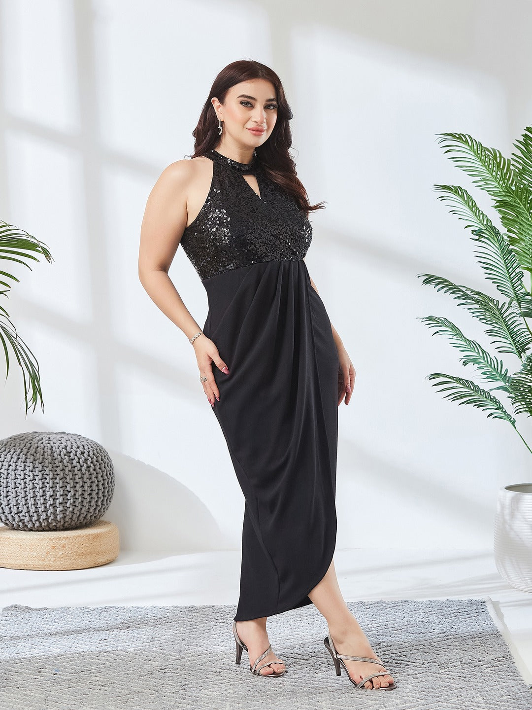 Black Halter Neck Sleeveless Solid Embellished Midi Dress for Women