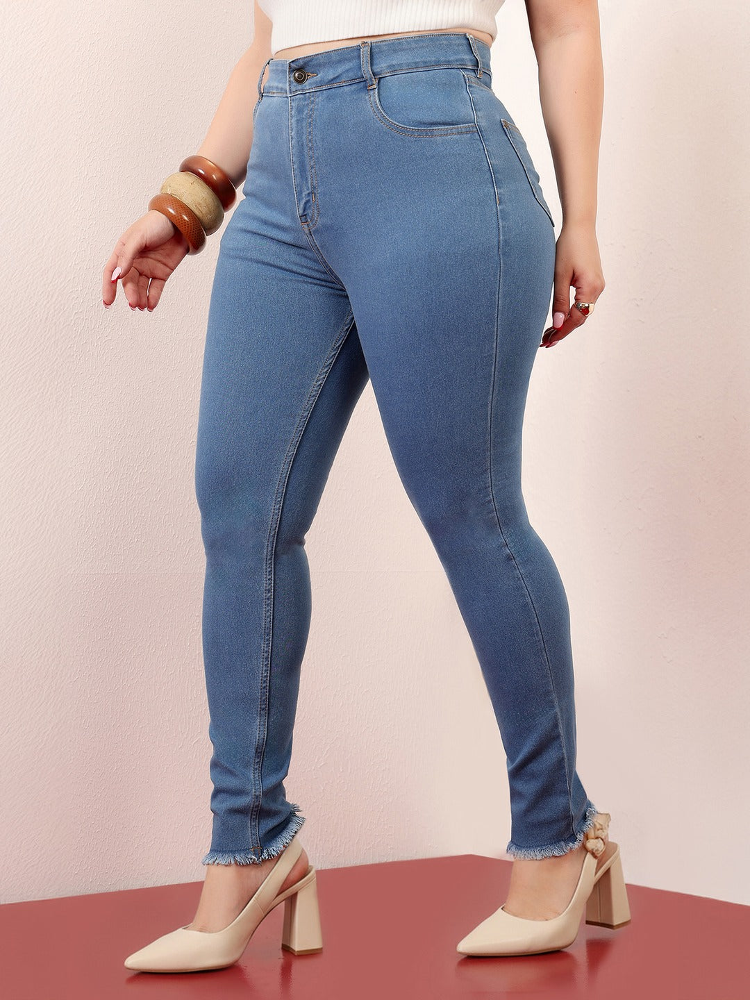 Blue Skinny High Rise Cropped Length Fringe Detailing Stretchable Denim Jeans for Women