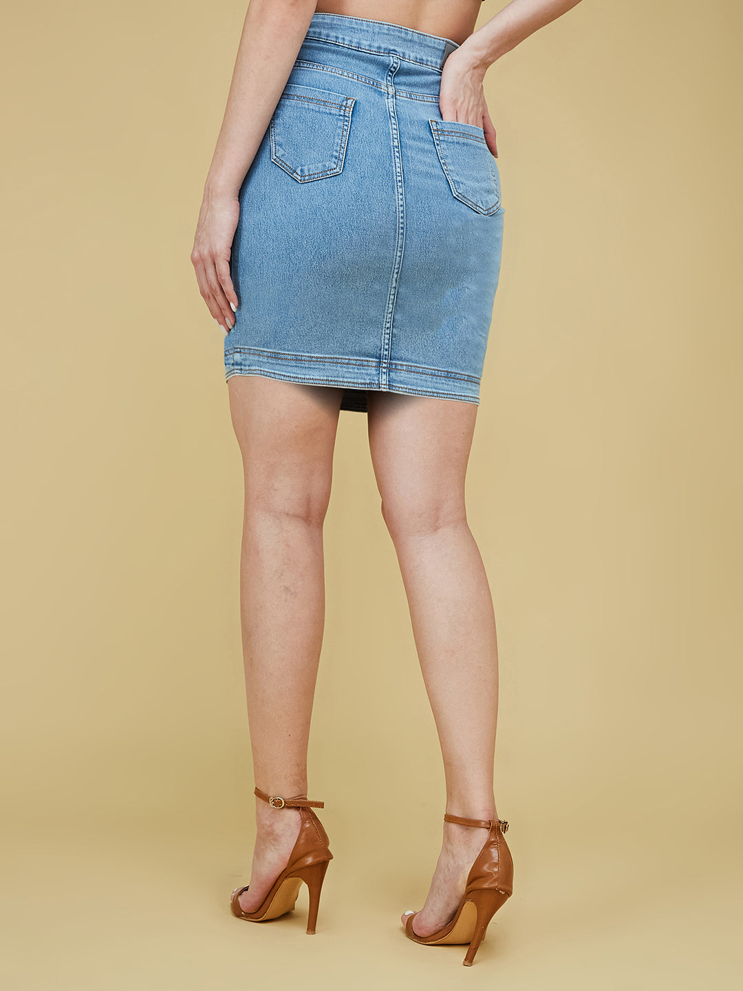 Light Blue Regular High-Rise Above Knee Stretchable Denim Skirt for Women