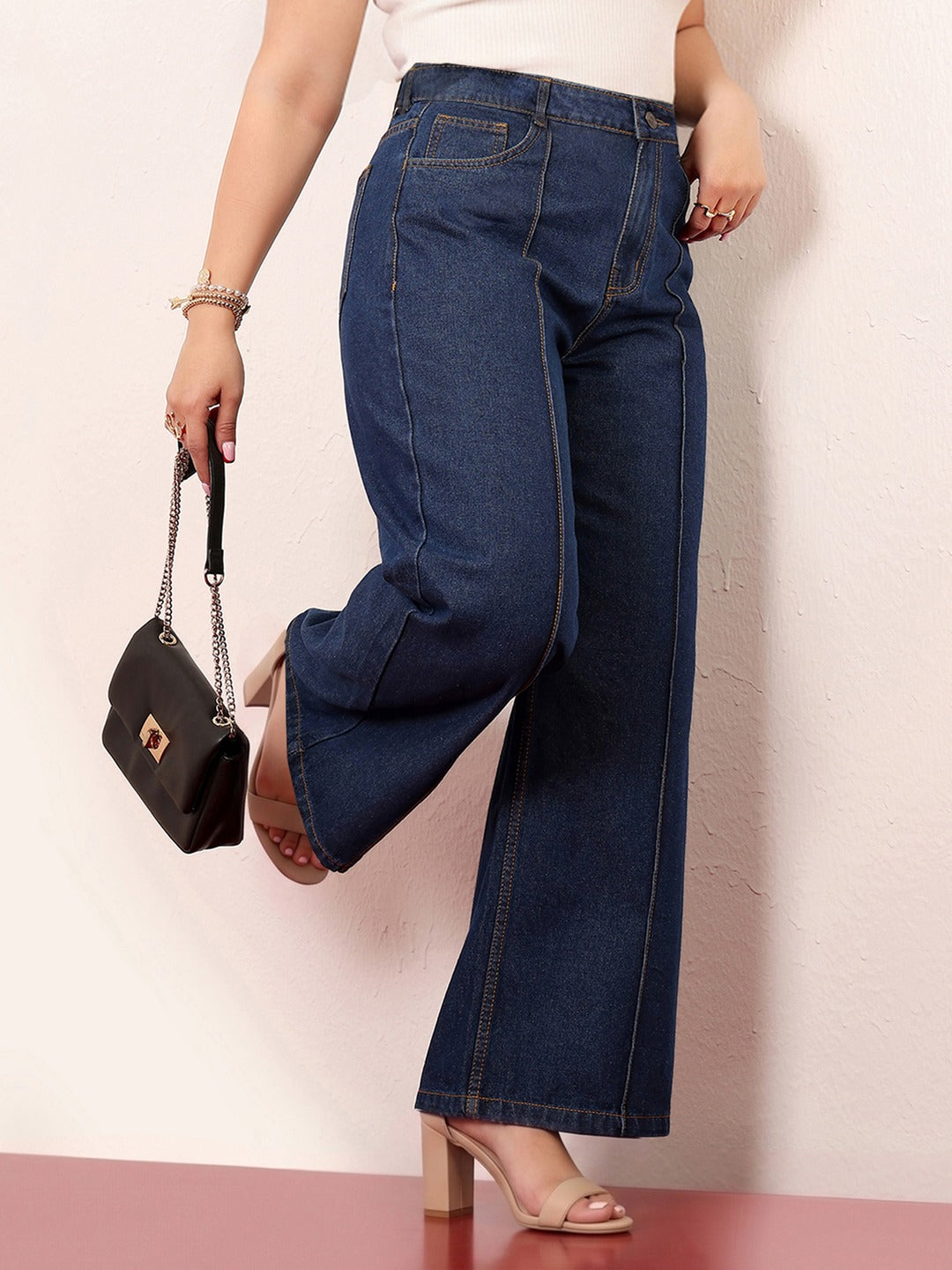 Navy Blue Wide-Leg High-Rise Non-stretchable Denim Jeans for Women