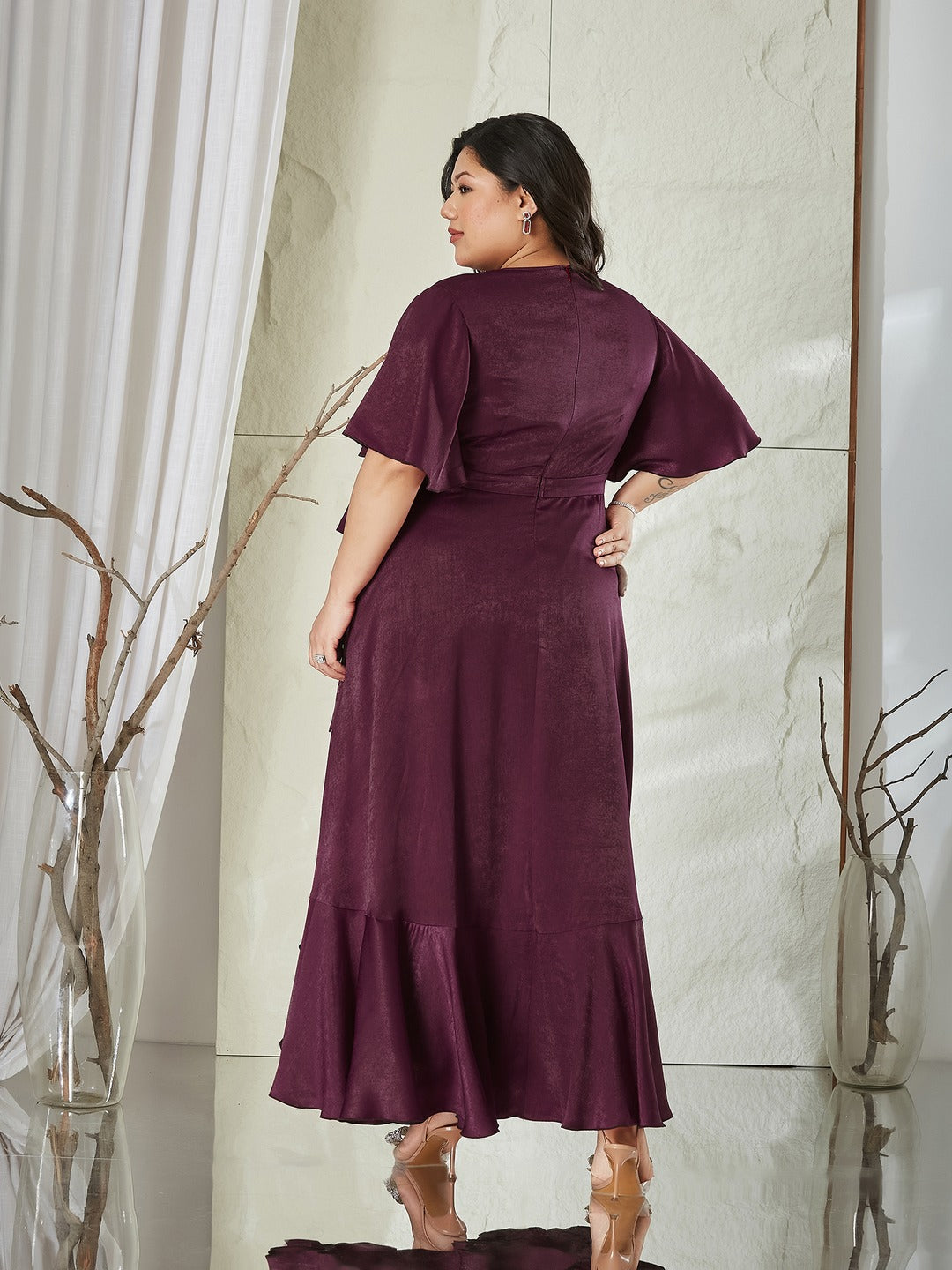 Wine V-Neck Flared Solid Overlap/Tie-Up Midi Satin Dress for Women