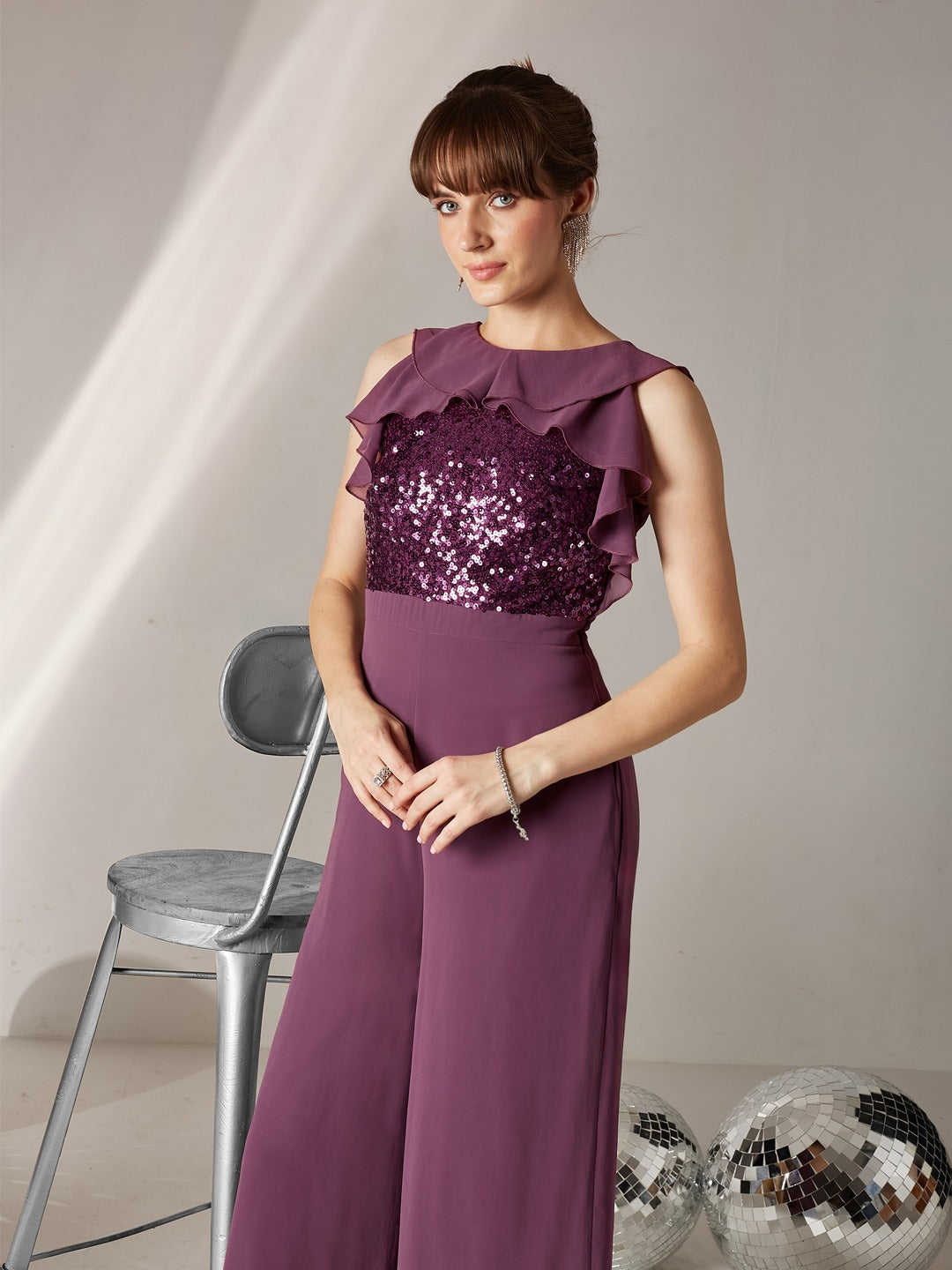 Mauve Sleeveless Embellished Ruffle-Styled Jumpsuit for Women