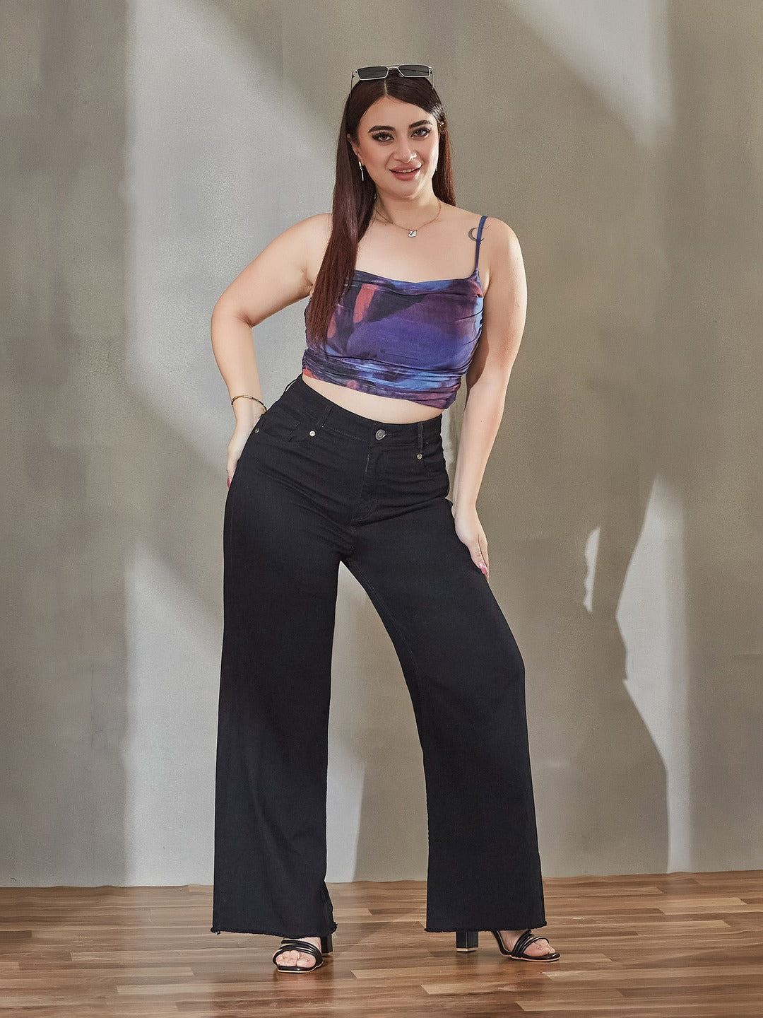 Black Wide Leg High Rise Regular Stretchable Denim Jeans for Women