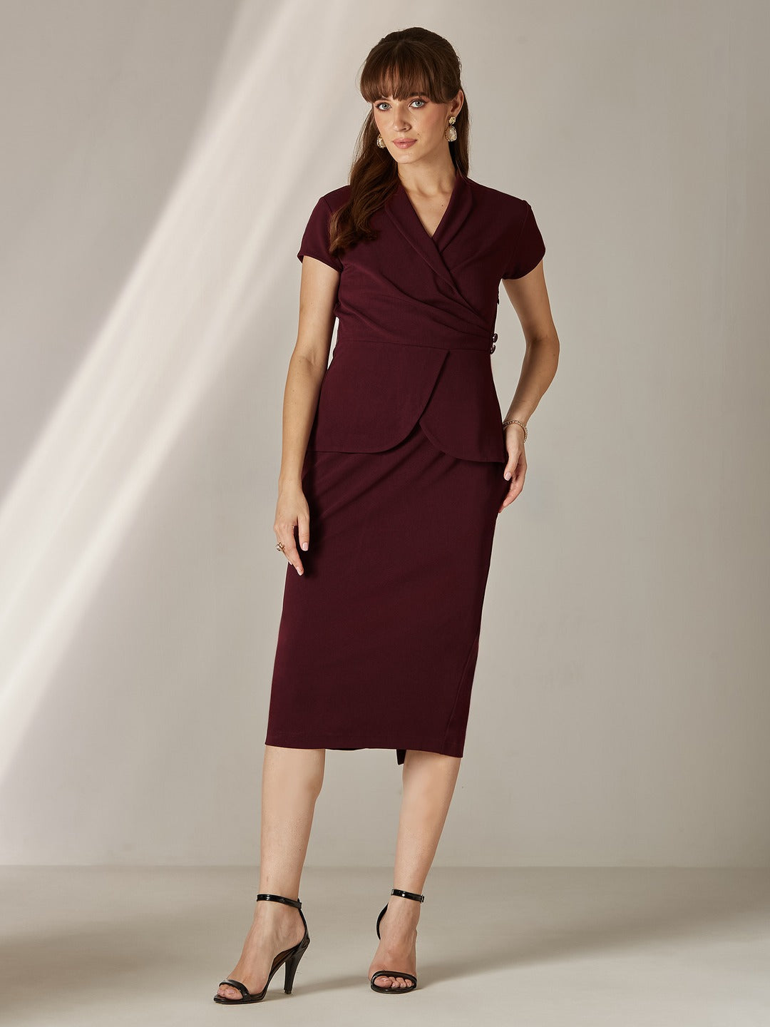 Wine Collared Short-Sleeve Solid Pleated Knee-Long Co-Ord Set for Women