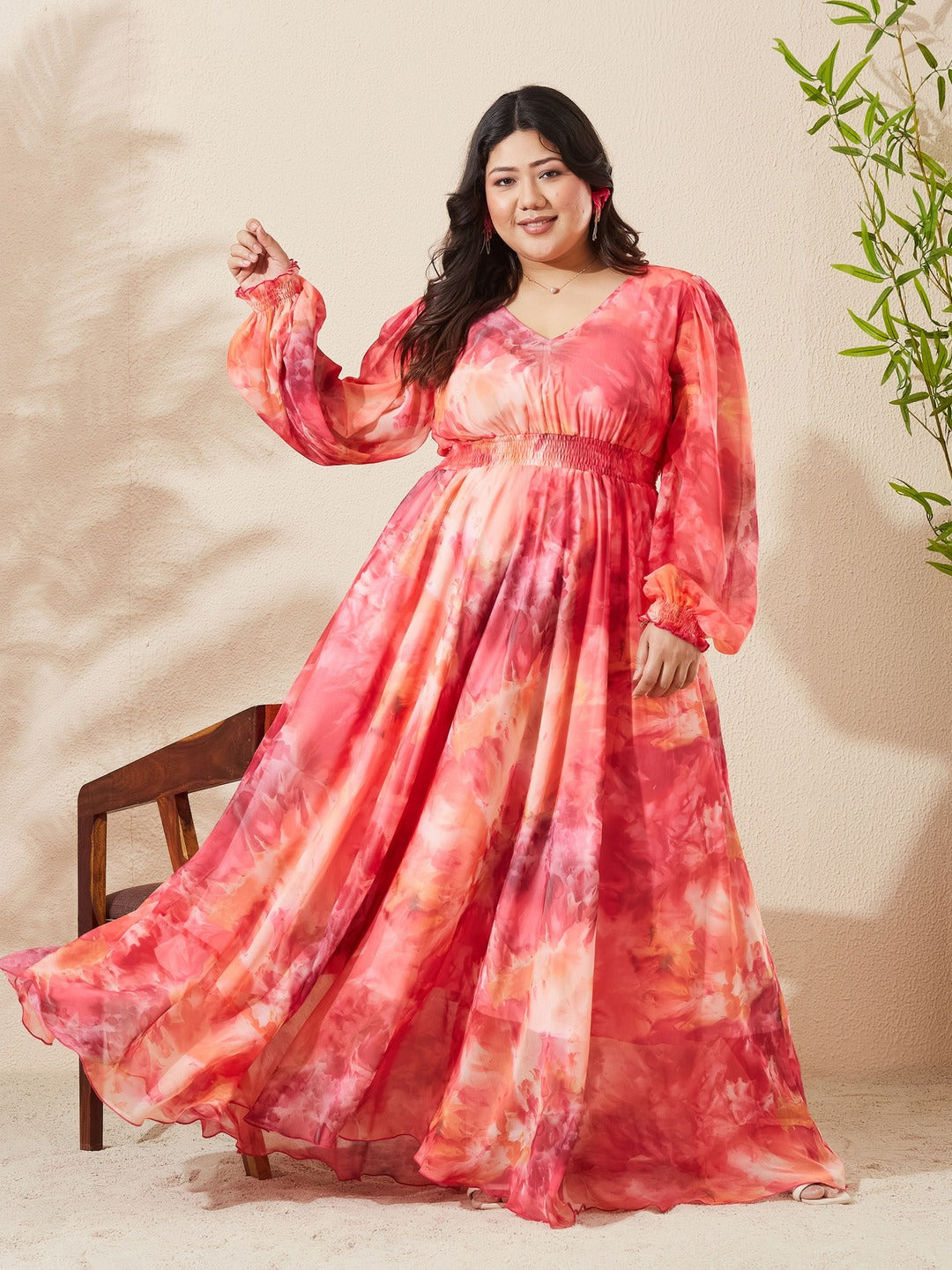 Flame Orange & Pink Floral V-Neck Bishop Sleeve Smocked Chiffon Maxi Dress for Women