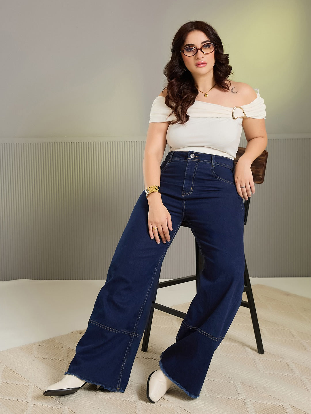 Navy Blue Wide Leg High Rise Stretchable Denim Jeans for Women
