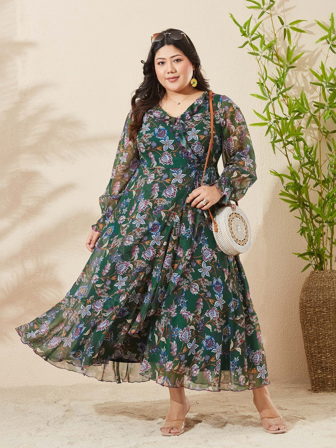 Forest Green Bohemian Ruffled Tie-Up Midi Chiffon Dress for Women