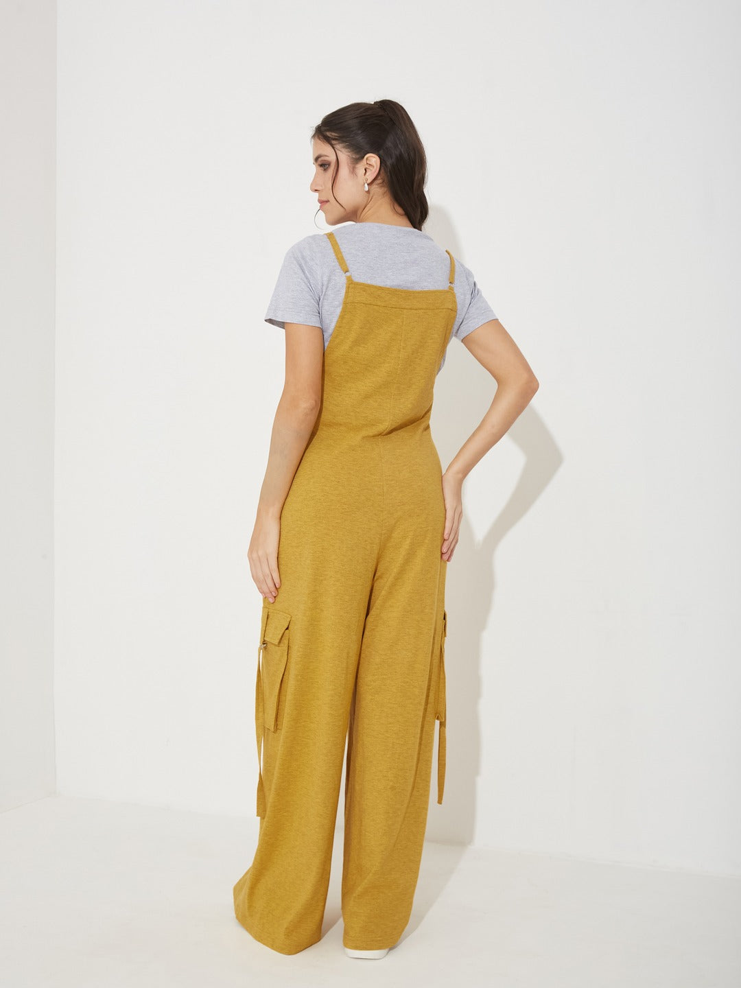 Gold and Grey Round Neck Half Sleeve Solid Regular Fit Cotton Dungaree Co-Ord Set for Women