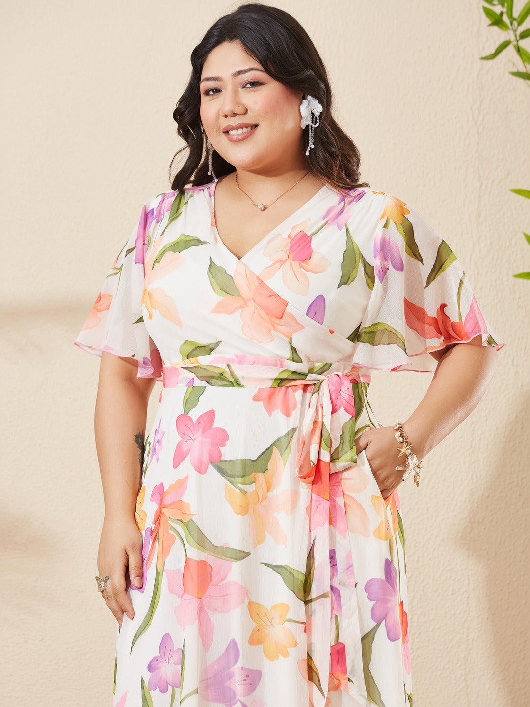 Green & Orange Floral V-Neck Flutter Sleeve Wrap Maxi Chiffon Dress for Women