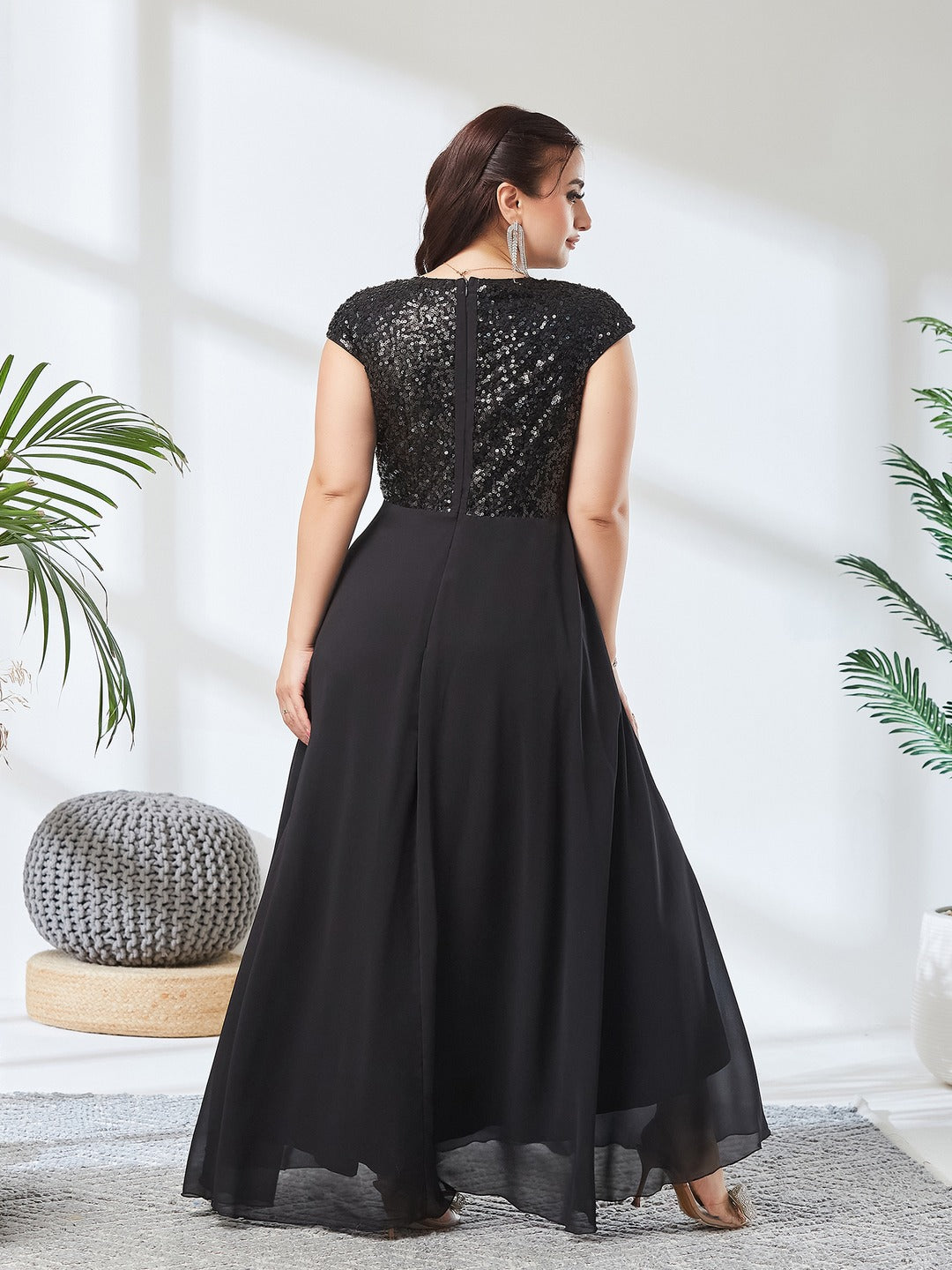 Black V-Neck Cap Sleeved Solid Wrap Maxi Dress for Women
