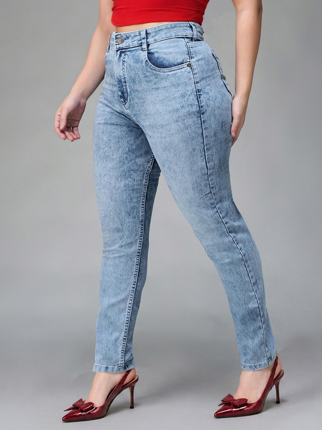 Light Blue Slim Fit High Rise Light Wash Denim Stretchable Jeans for Women