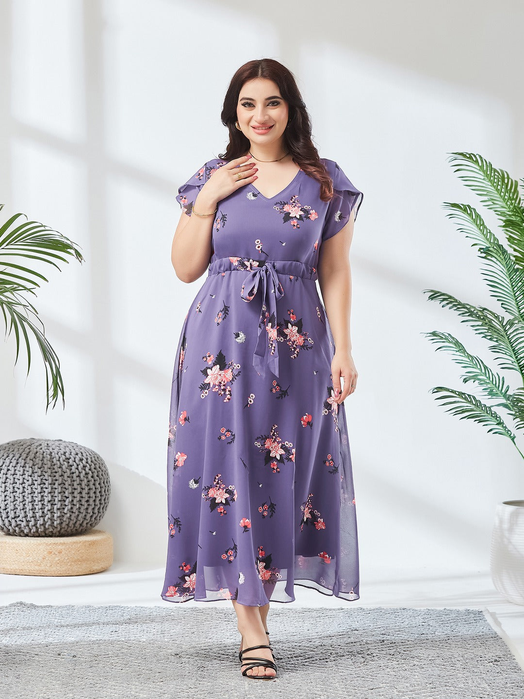 Lavender V-Neck Short Sleeved Floral Pleated Midi Dress for Women