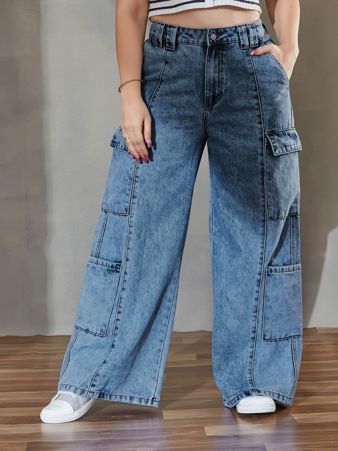 Black High Rise Stretchable Wide Leg Denim Jeans for Women