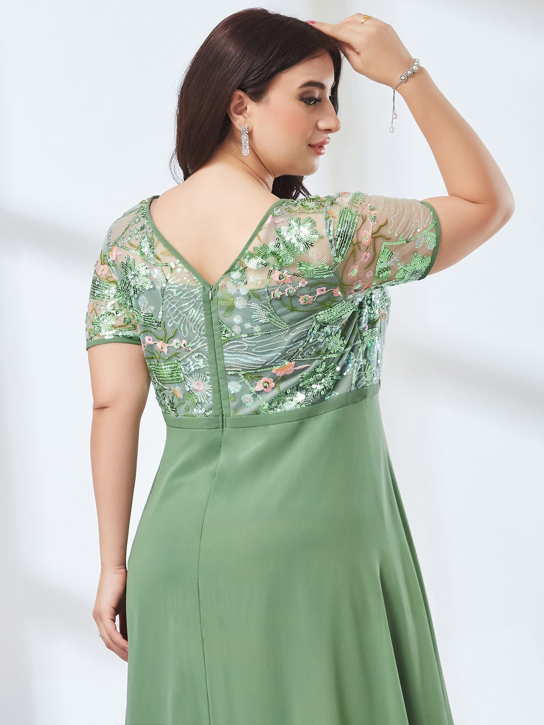Light Green Embellished Layered Georgette Midi Dress for Women