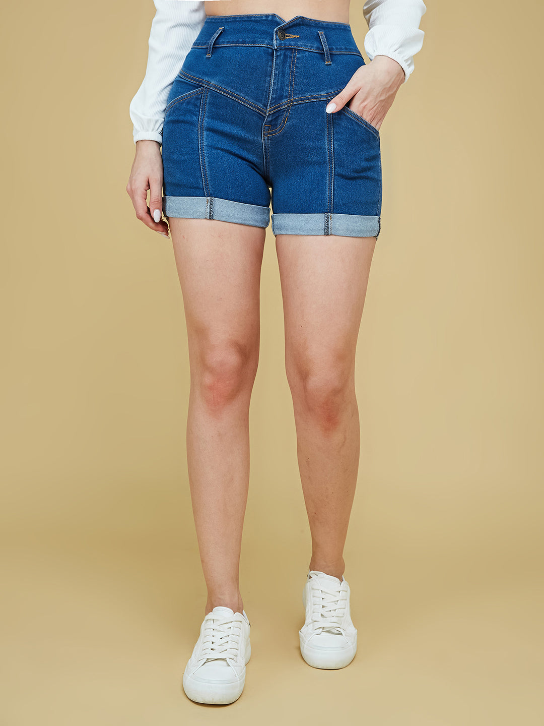 Blue Relaxed-Fit High-Rise Stretchable Blue Denim Shorts for Women
