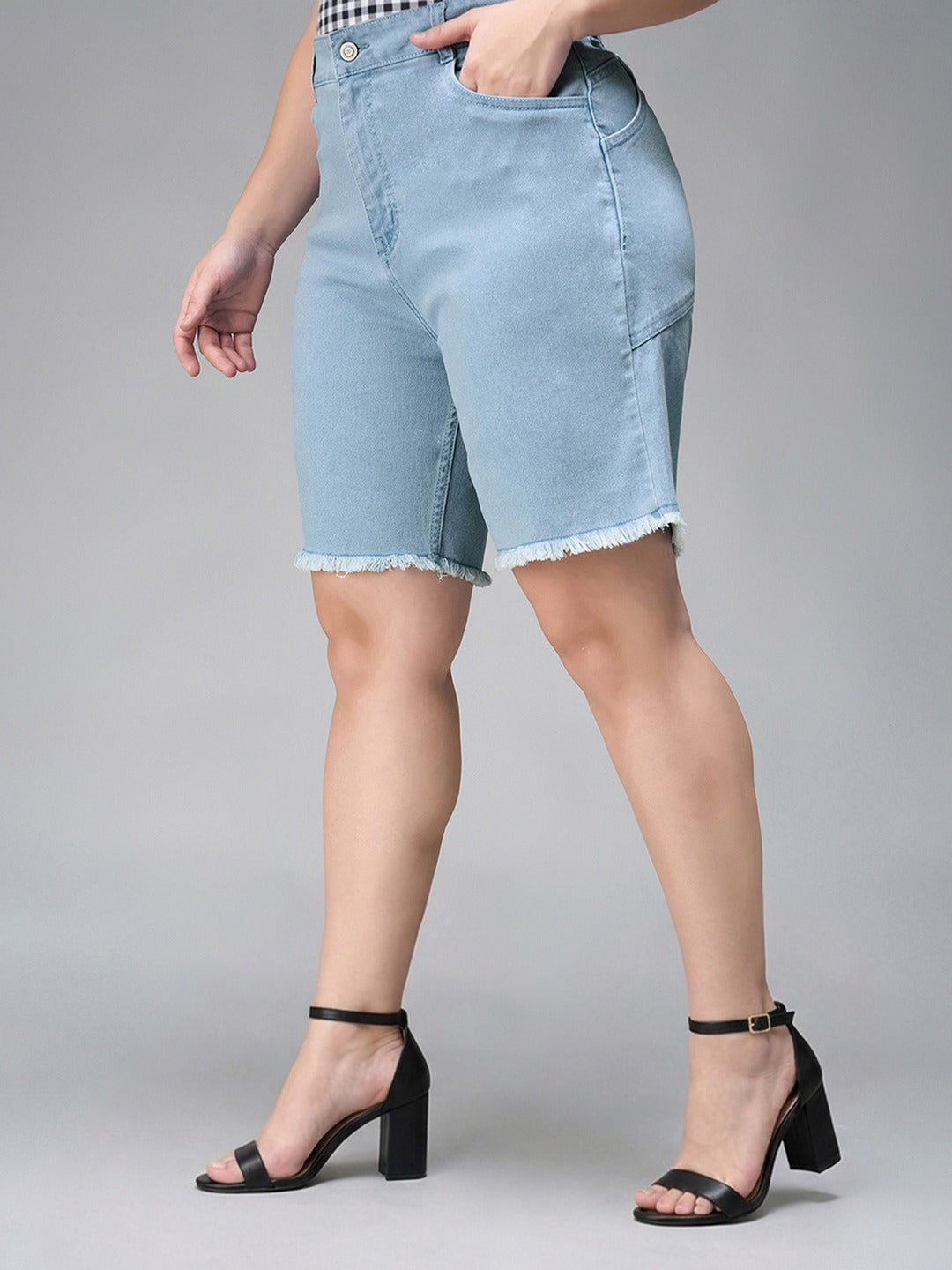 Light Blue Regular High Rise Above Knee Stretchable Denim Shorts for Women