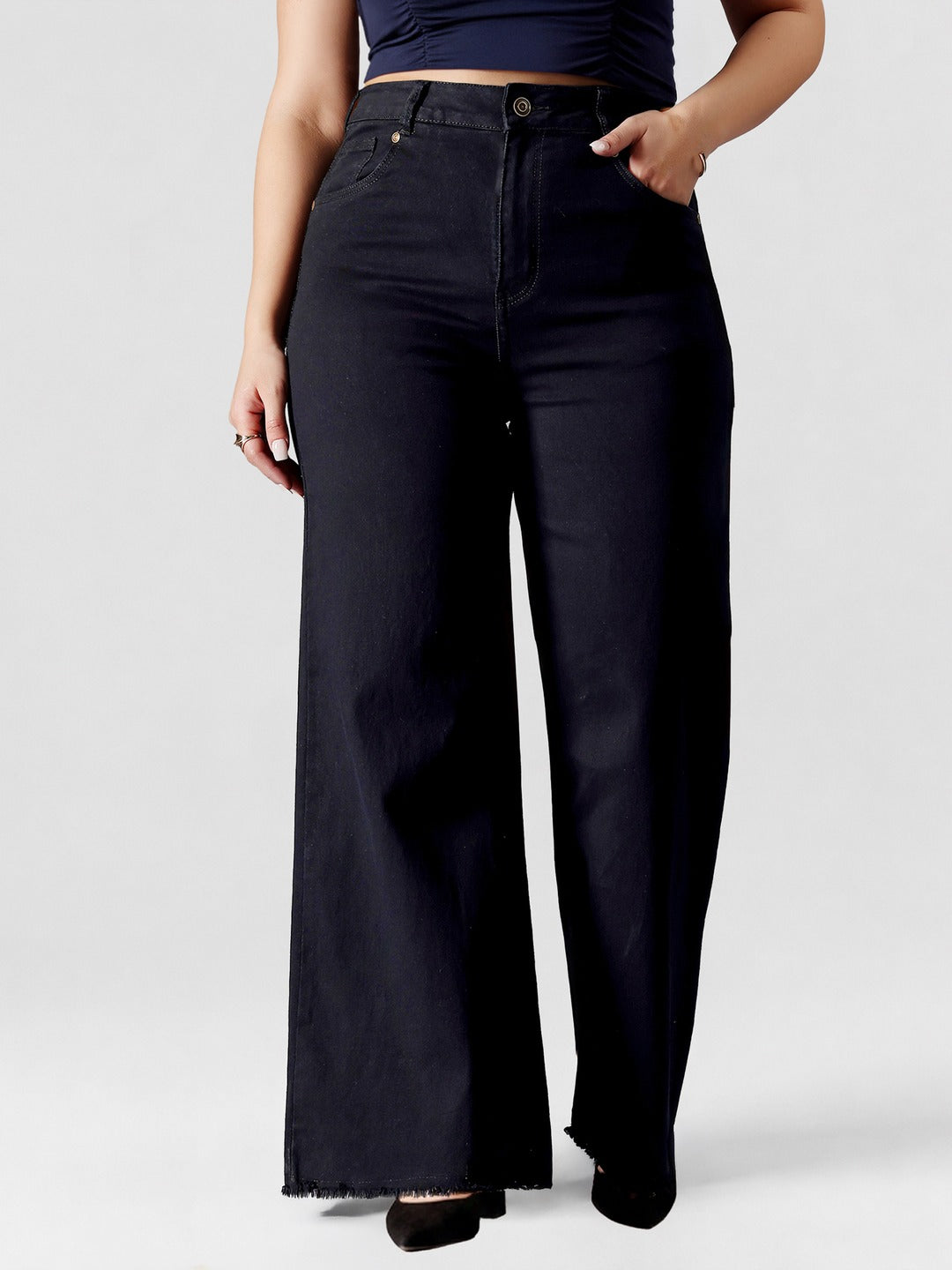 Black High Rise Stretchable Wide Leg Denim Jeans for Women