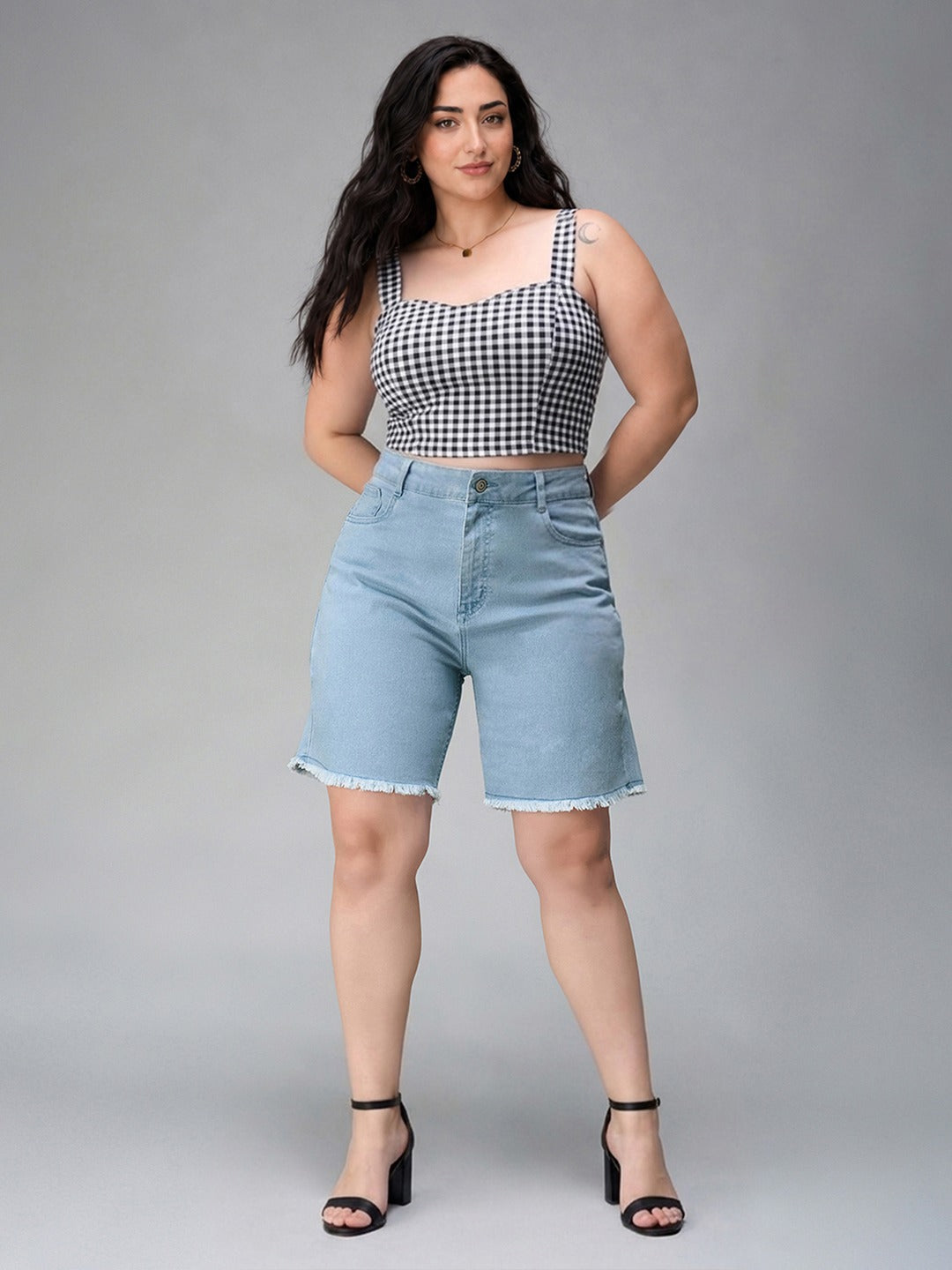 Light Blue Regular High Rise Above Knee Stretchable Denim Shorts for Women
