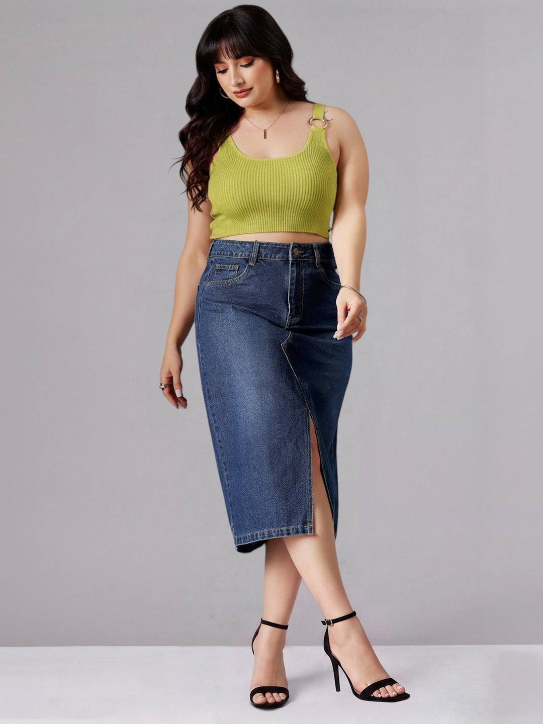 Dark Blue A-Line High-Rise Non-stretchable Denim Midi Skirt for Women