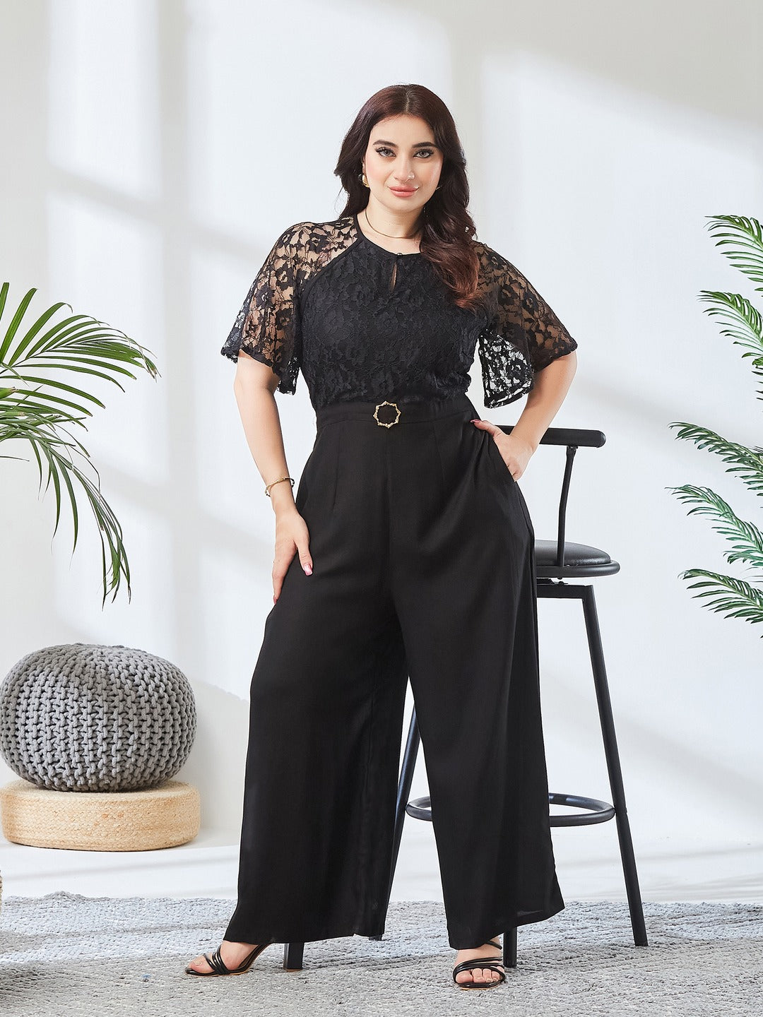 Black Round Neck Flared Sleeve Floral Raglan Regular Jumpsuit for Women