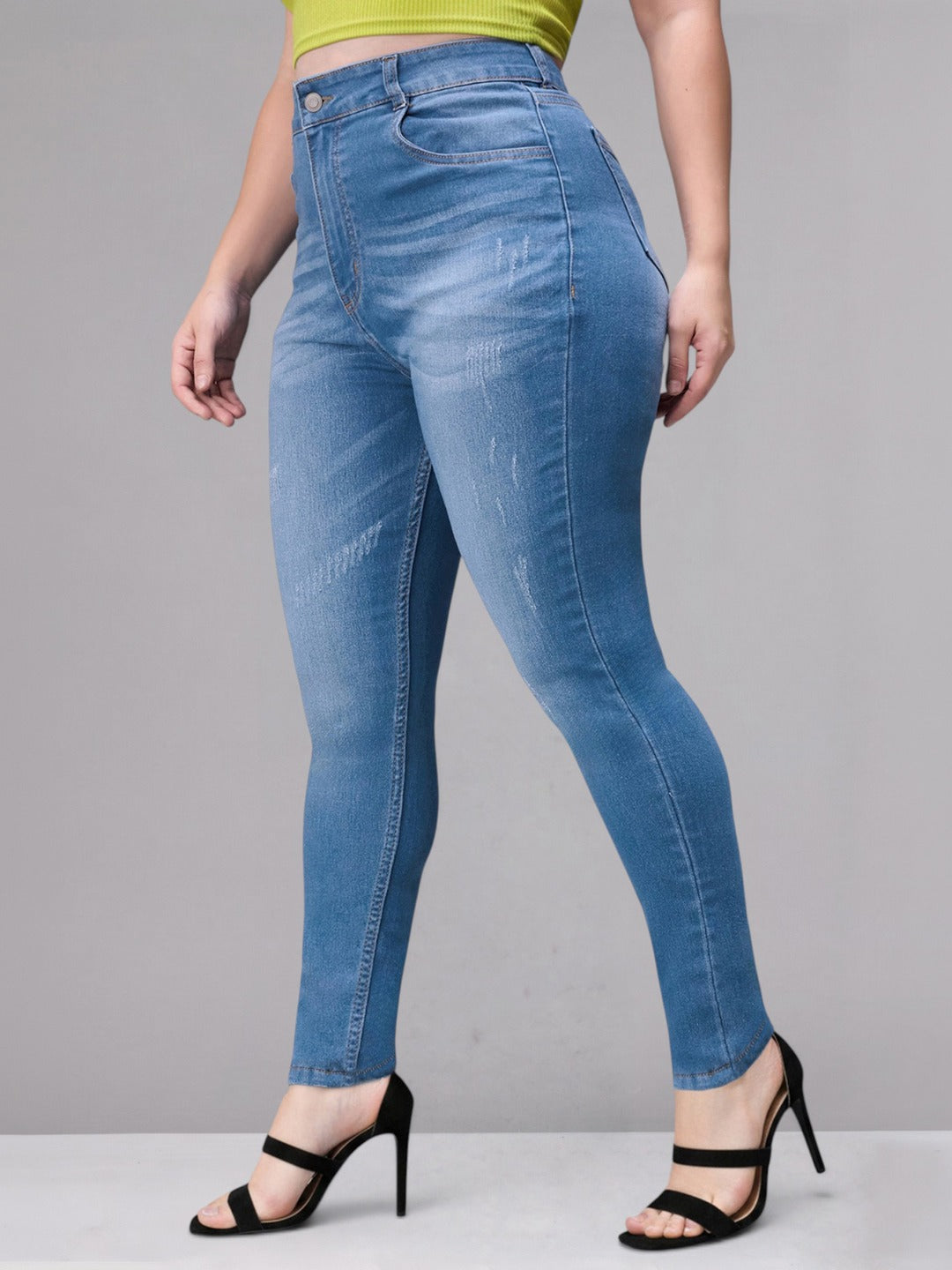 Blue Skinny High-Rise Mild Distress Regular Stretchable Denim Jeans for Women