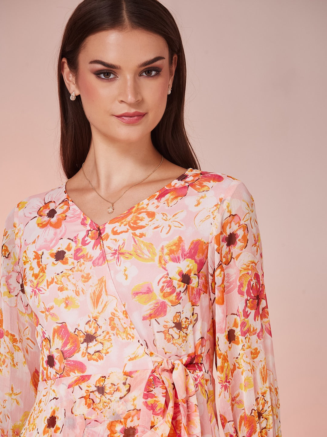 Pink & Orange V-Neck Bishop Floral Layered Chiffon Maxi Dress for Women