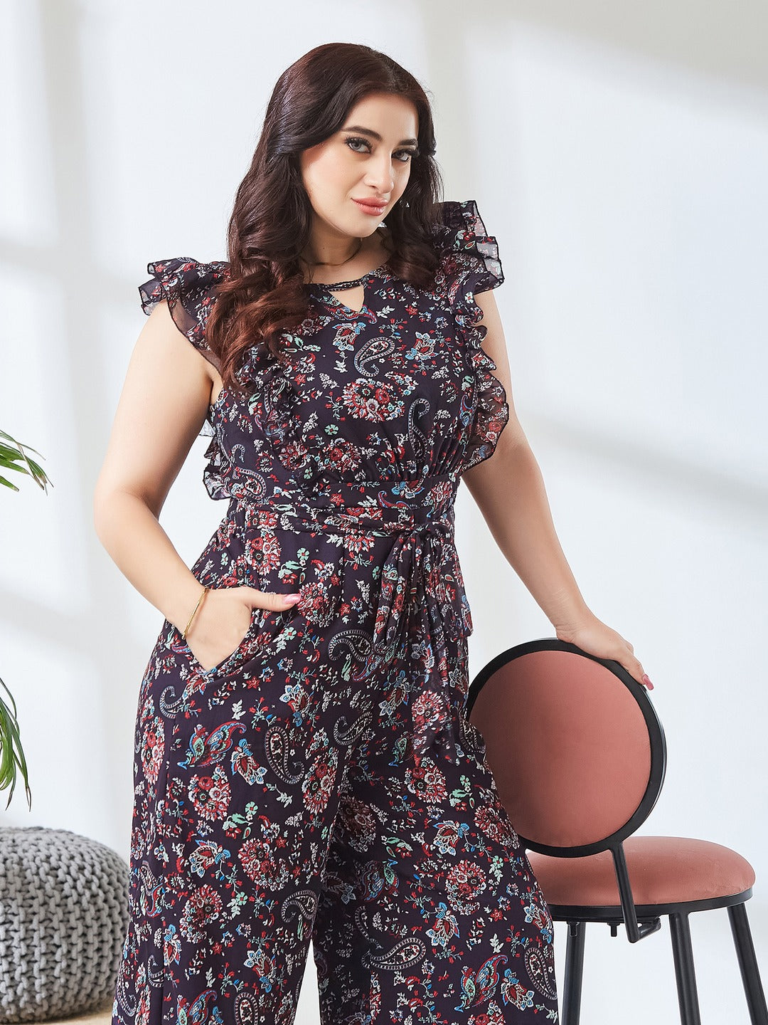 Navy Blue Round Neck Sleeveless Floral Wide Leg Regular Jumpsuit for Women