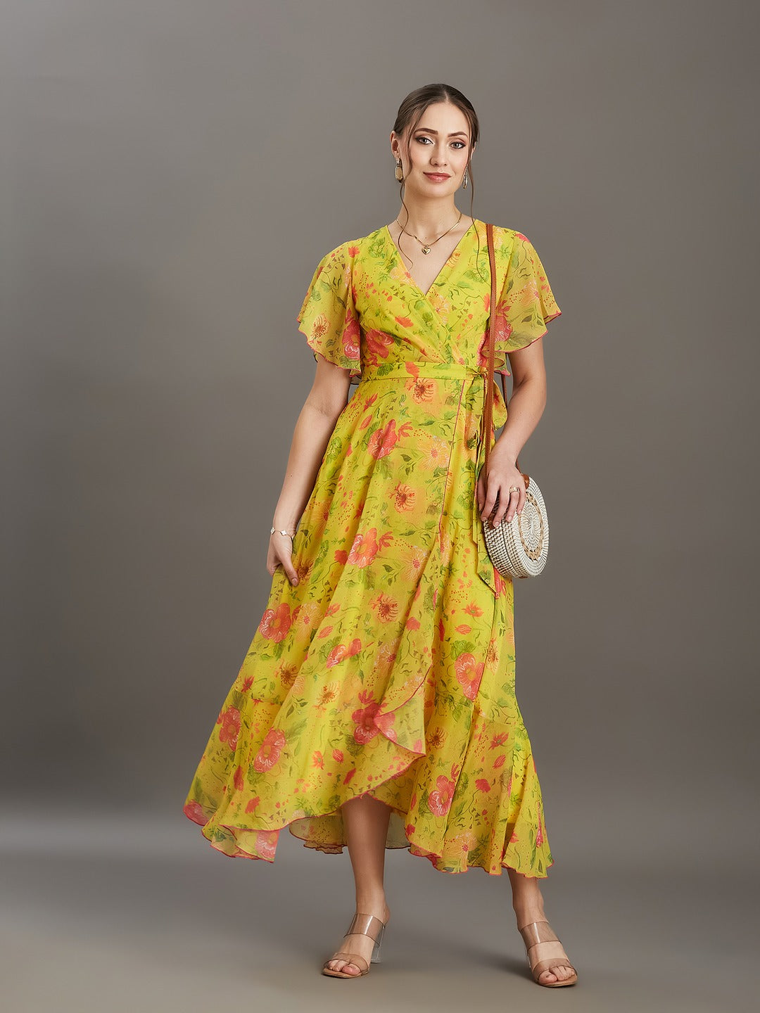 Acid Yellow V-Neck Flared Floral Overlap/Tie-Up Maxi Chiffon Dress for Women