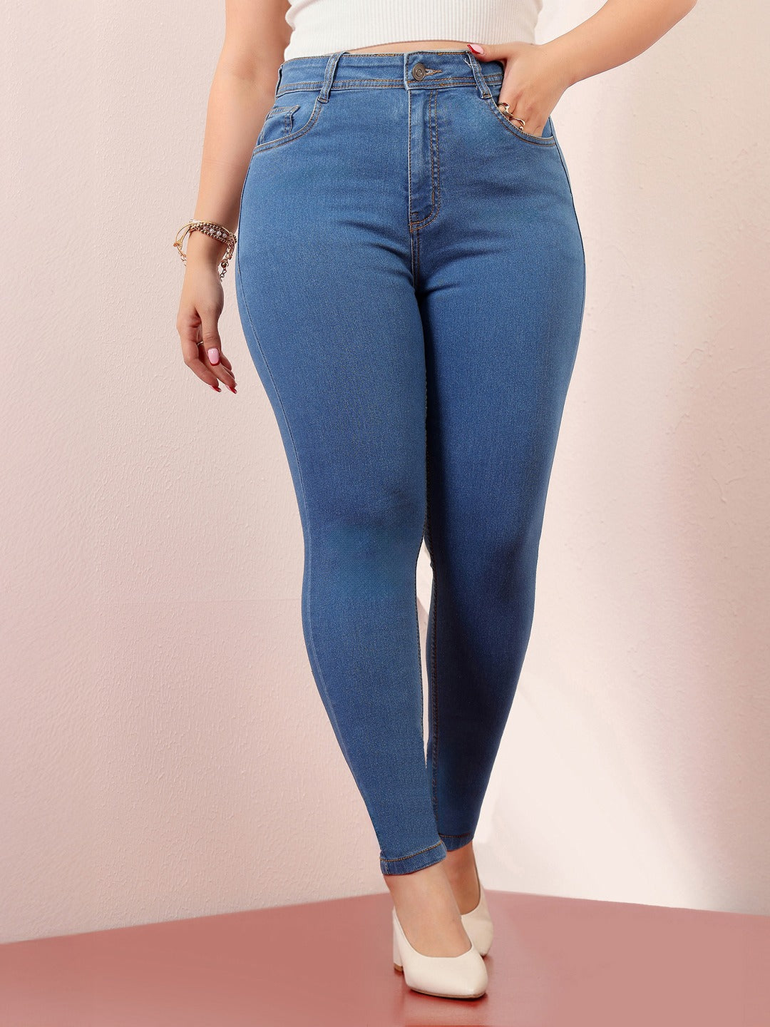 Blue Skinny High Rise Distressed Denim Jeans for Women
