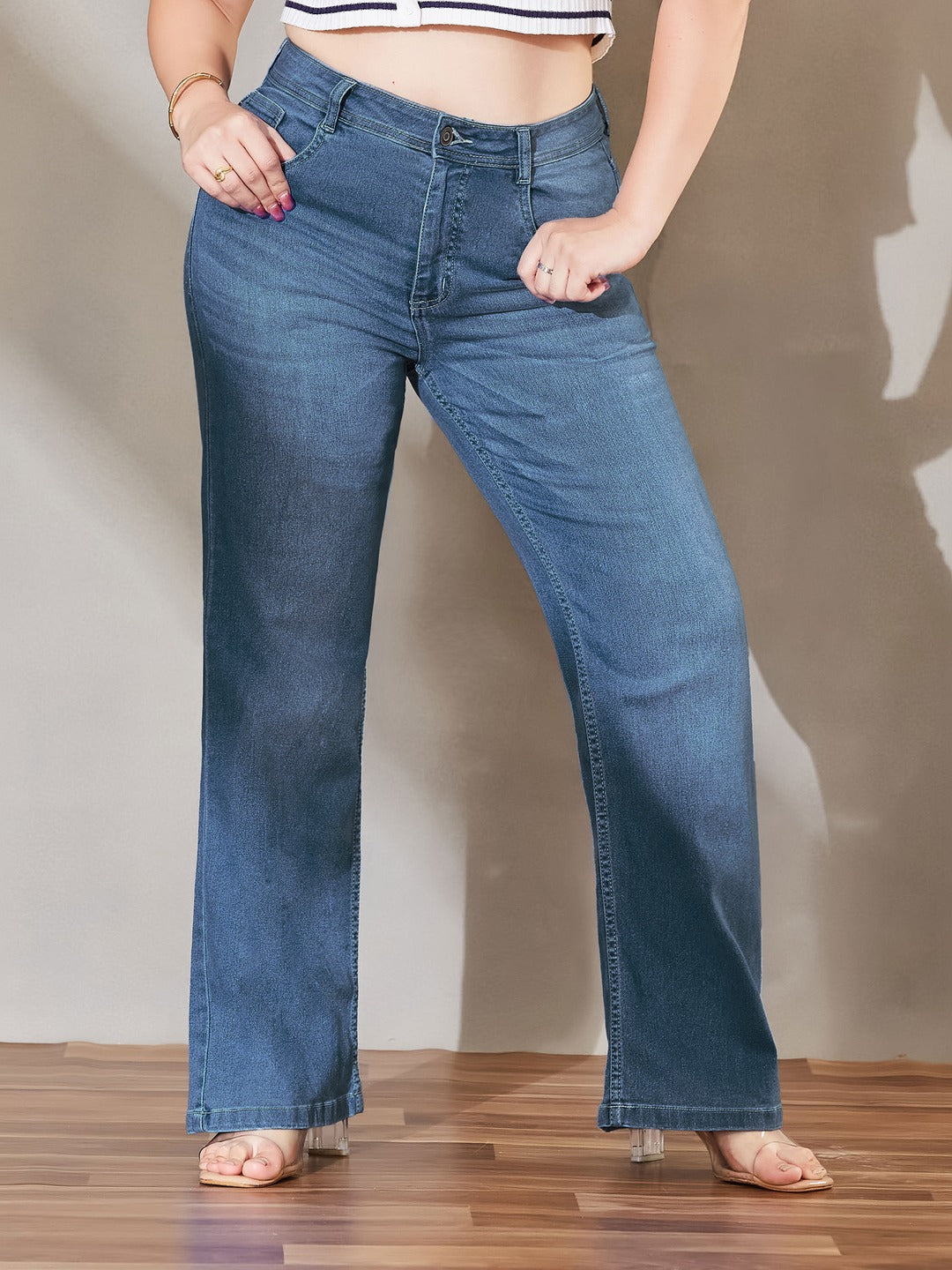 Light Blue Wide-Leg Mid Rise Blast Effect Light Weight Denim Jeans for Women