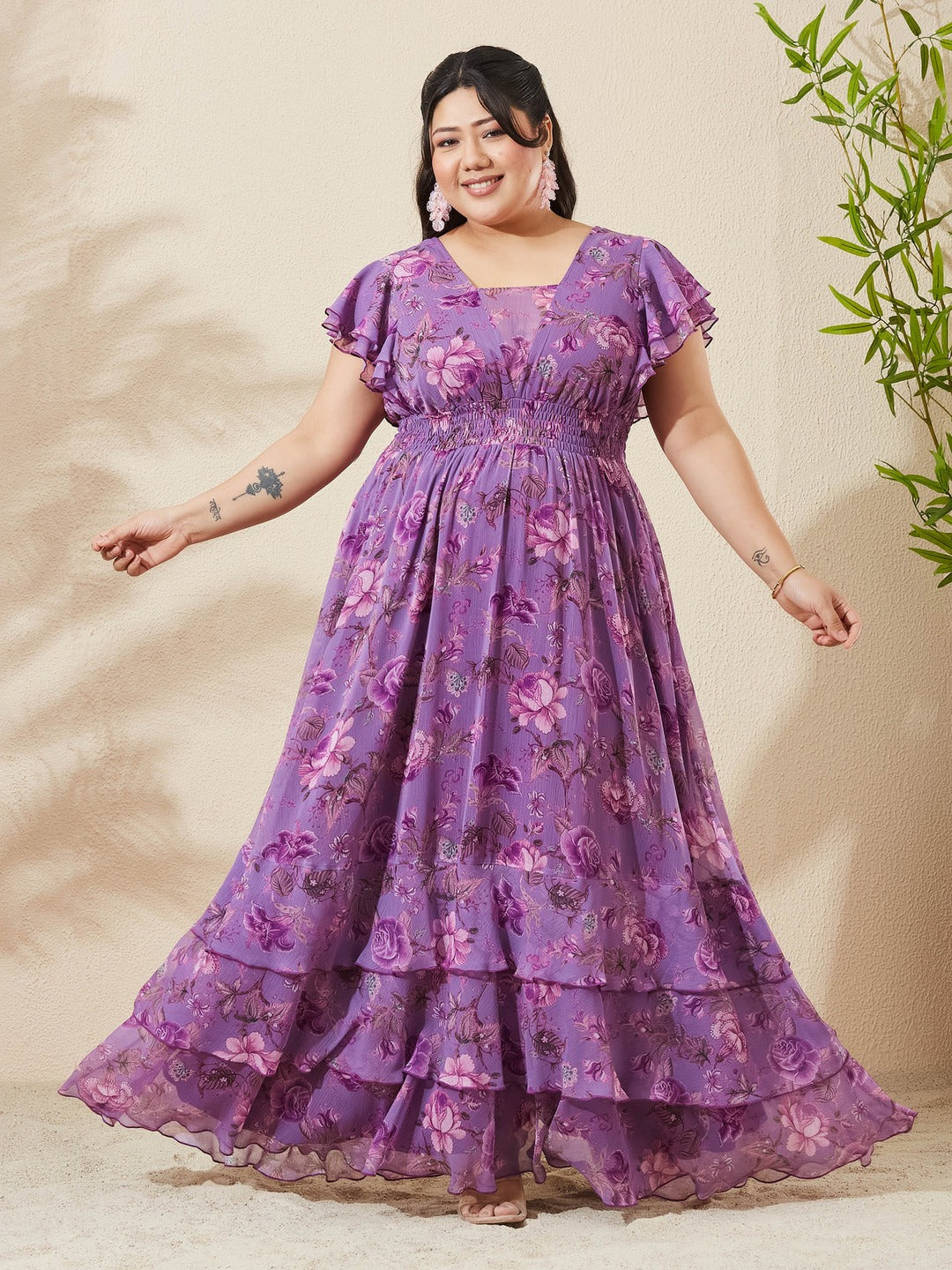 Lavender Tapered Square Neck Layered Ruffle Floral Ruffled Maxi Chiffon Dress for Women
