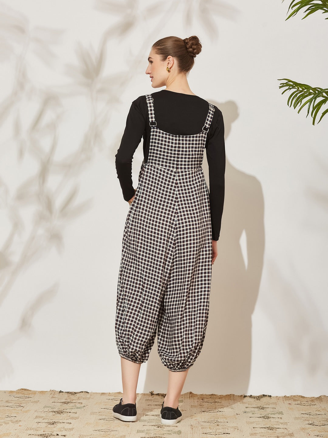 Black Round Neck Full Sleeve Checkered Harem Dungaree Regular Viscose Rayon Dungaree Co-Ord Set for Women