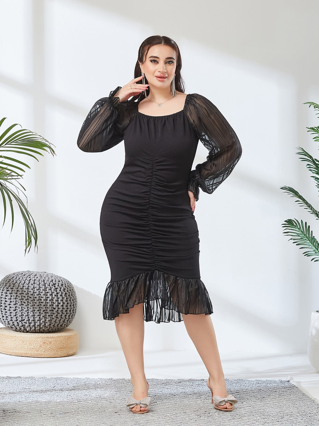 Black Square Puff Sleeve Solid Ruching Midi Dress for Women