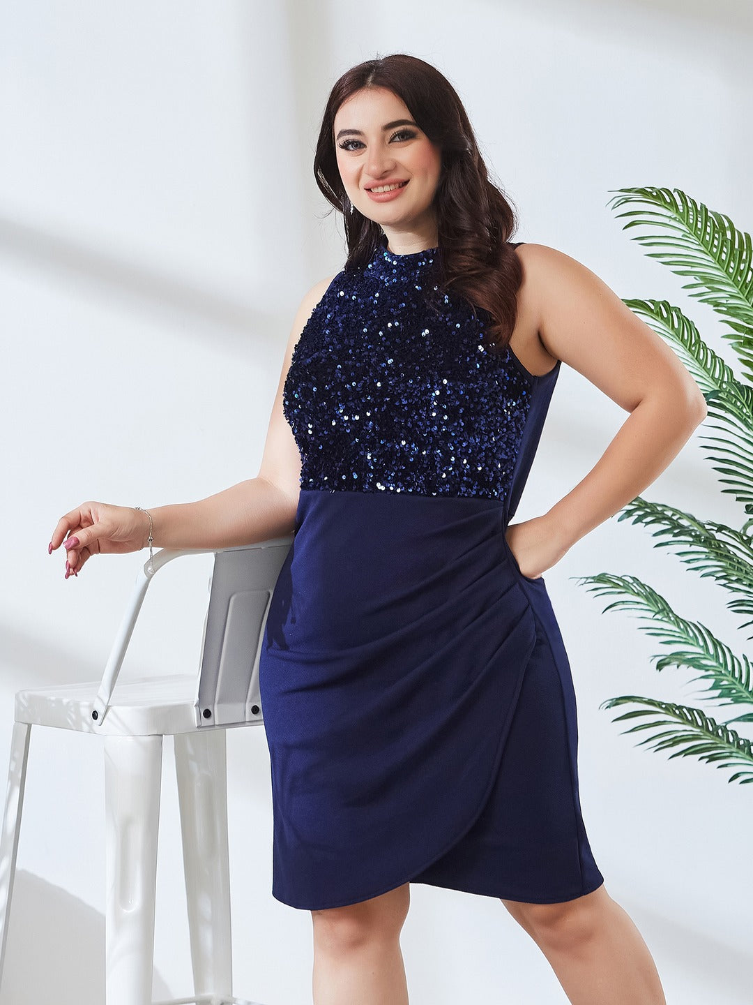 Navy Blue Halter Neck Sleeveless Embellished Pleated Above-Knee Dress for Women