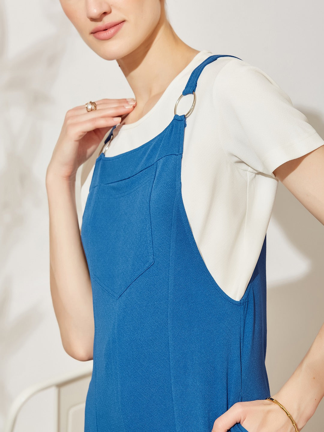 Azure Blue Round Neck Half Sleeve Solid Polyester Regular Fit Dungaree Co-Ord Set for Women