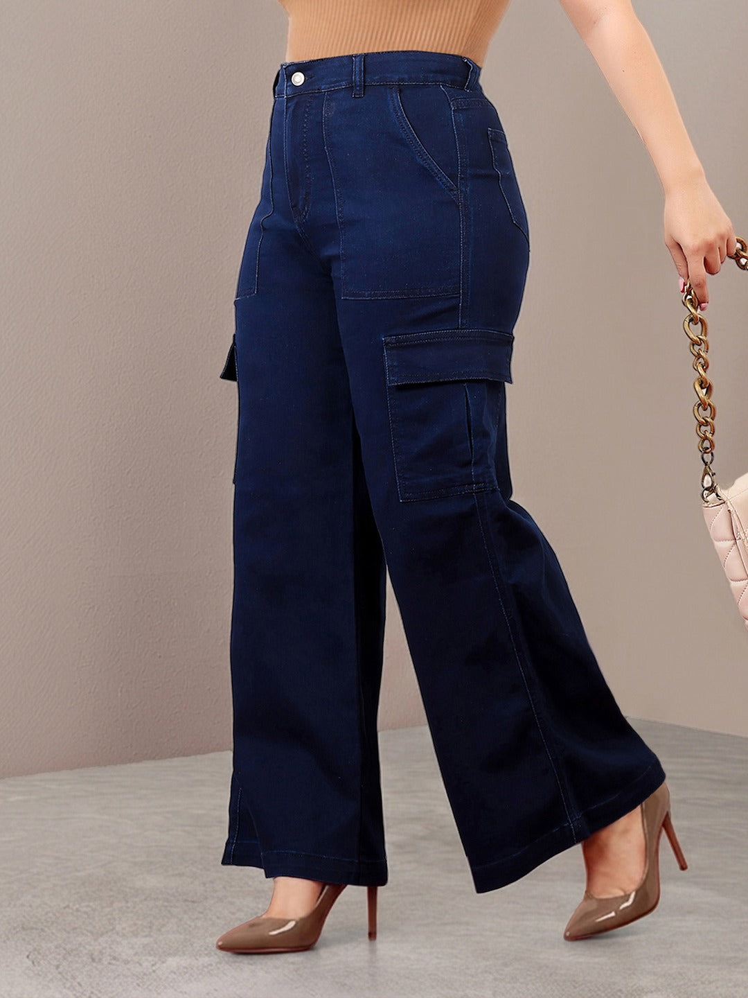 Navy Blue Wide-Leg High-Rise Stretchable Denim Cargo Jeans for Women