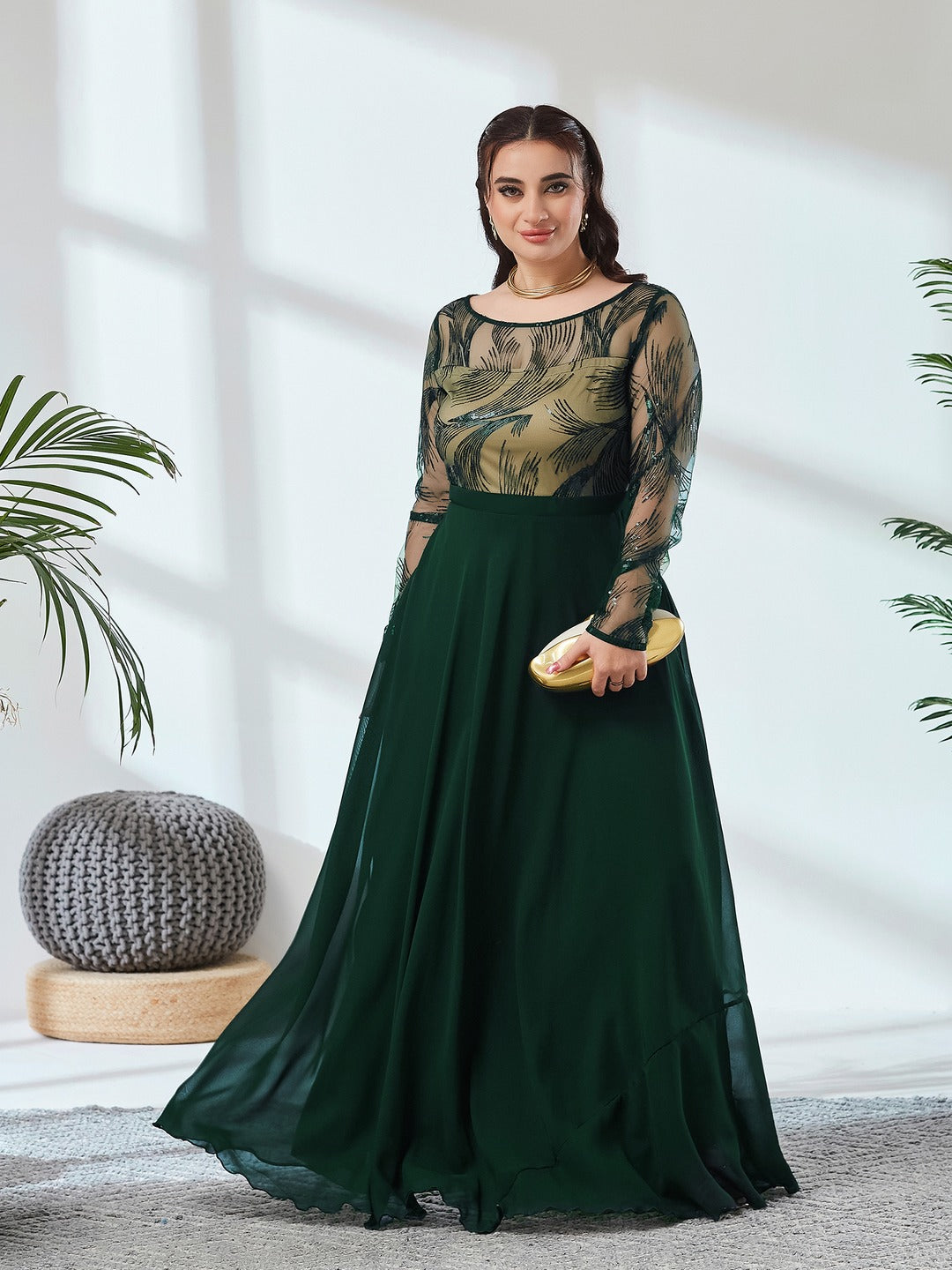 Green & Beige Solid Embellished Maxi Dress for Women