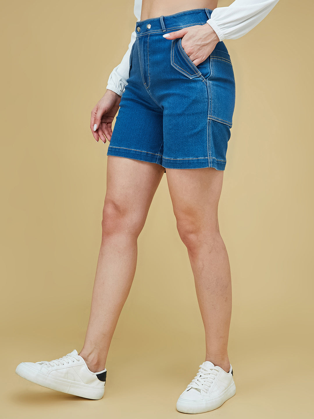 Relaxed-Fit Mid-Rise Stretchable Blue Denim Bermuda Shorts for Women
