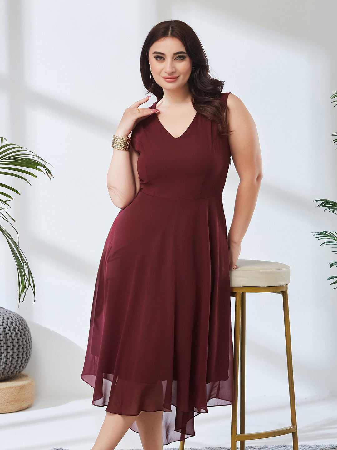 Wine Red V-Neck Sleeveless Solid High-Low Midi Skater Dress for Women