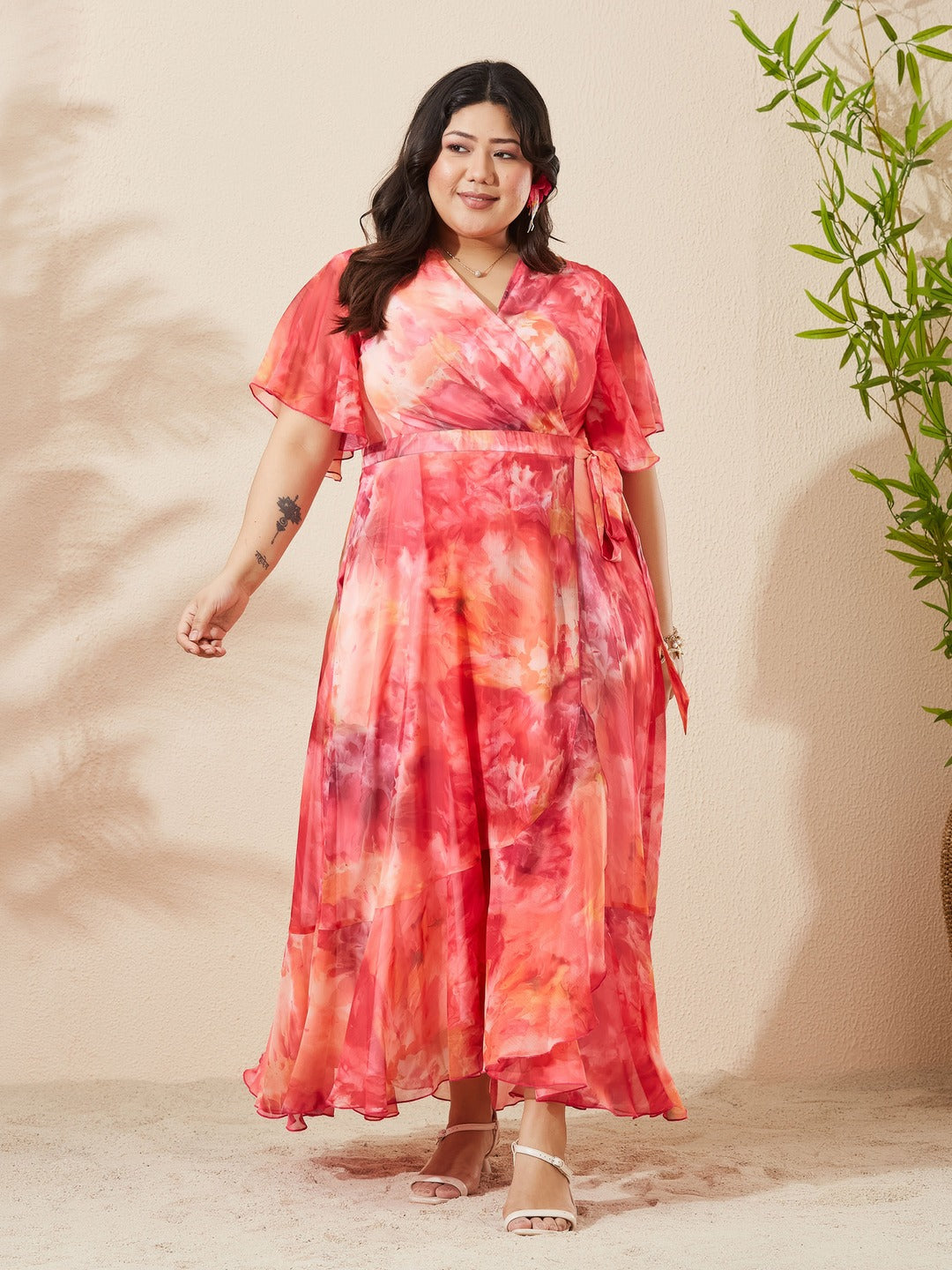 Flame Orange And Pink V-Neck Flared Abstract Overlap/Tie-Up Maxi Chiffon Dress for Women