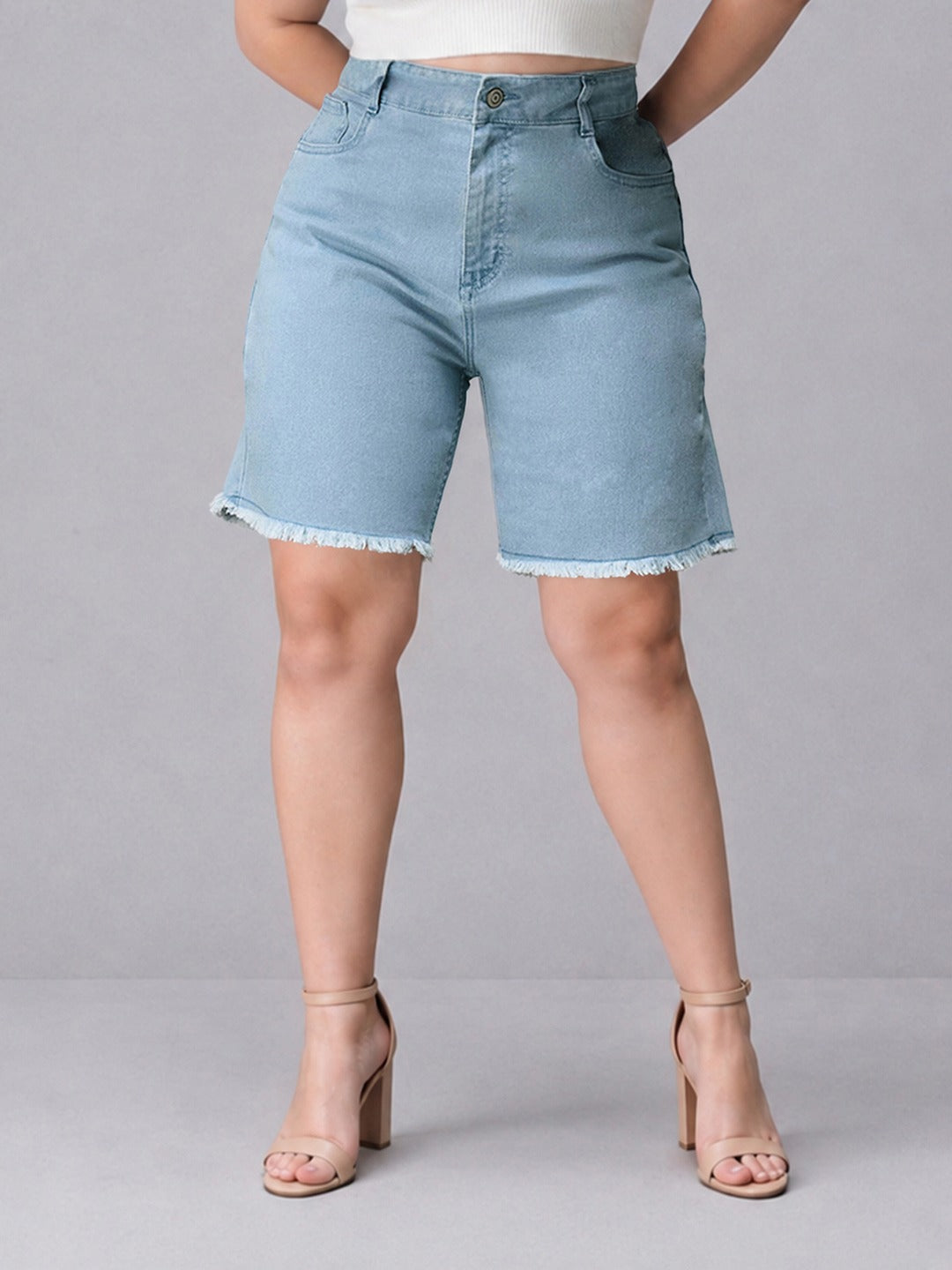 Light Blue Regular High Rise Above Knee Stretchable Denim Shorts for Women