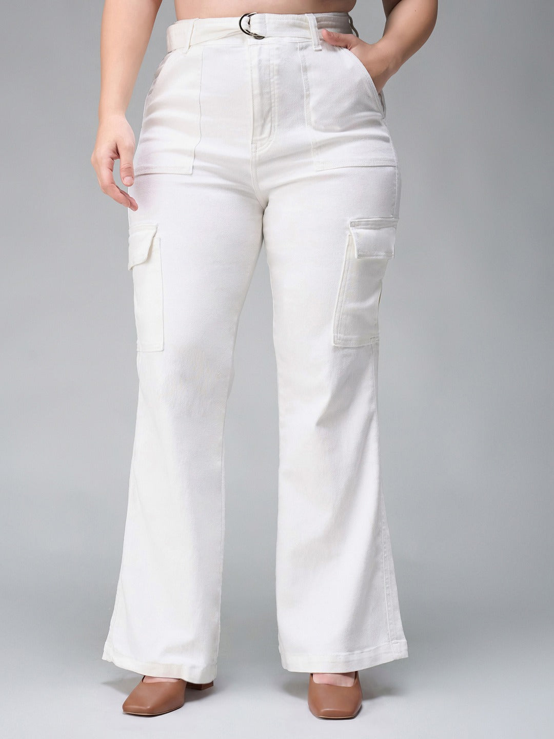 White Wide Leg High Rise Regular Stretchable Denim Jeans for Women