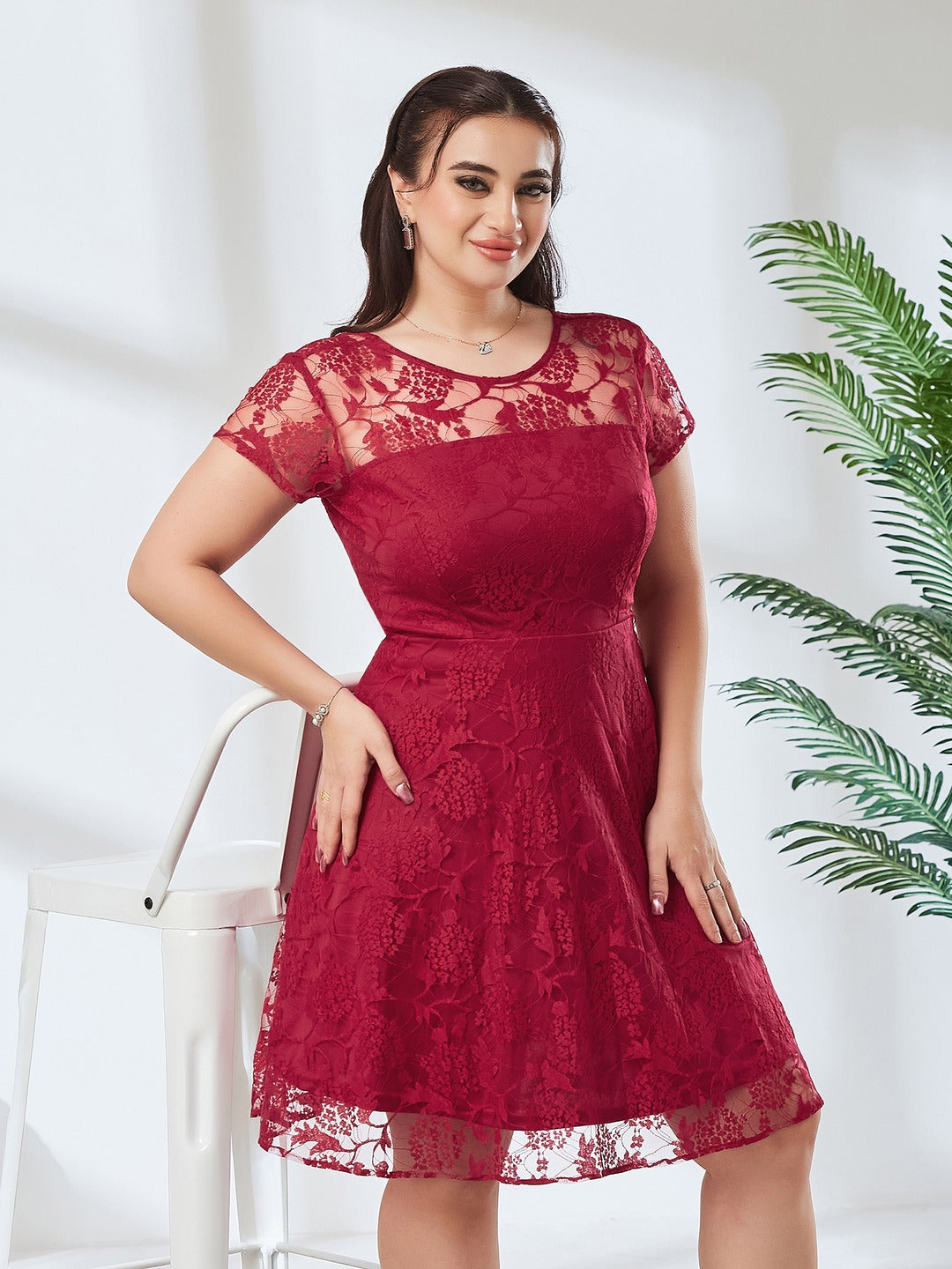 Dark Pink Round Neck Cap Sleeves Low Back Lace Skater Dress for Women