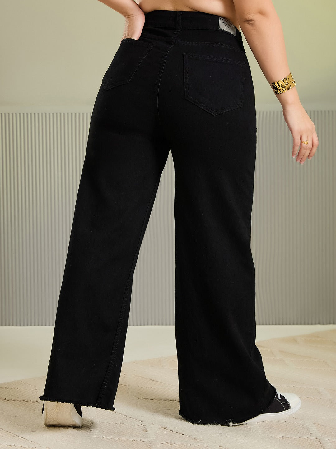 Black High Rise Stretchable Wide Leg Denim Jeans for Women