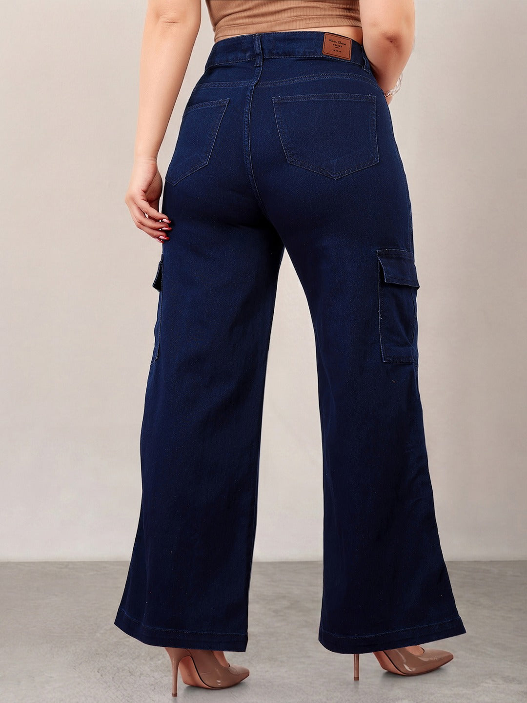 Navy Blue Wide-Leg High-Rise Stretchable Denim Cargo Jeans for Women
