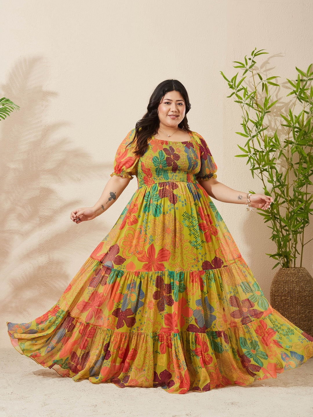 Lime Green Square Neck Puff Sleeve Floral Fit And Flare Maxi Chiffon Dress for Women