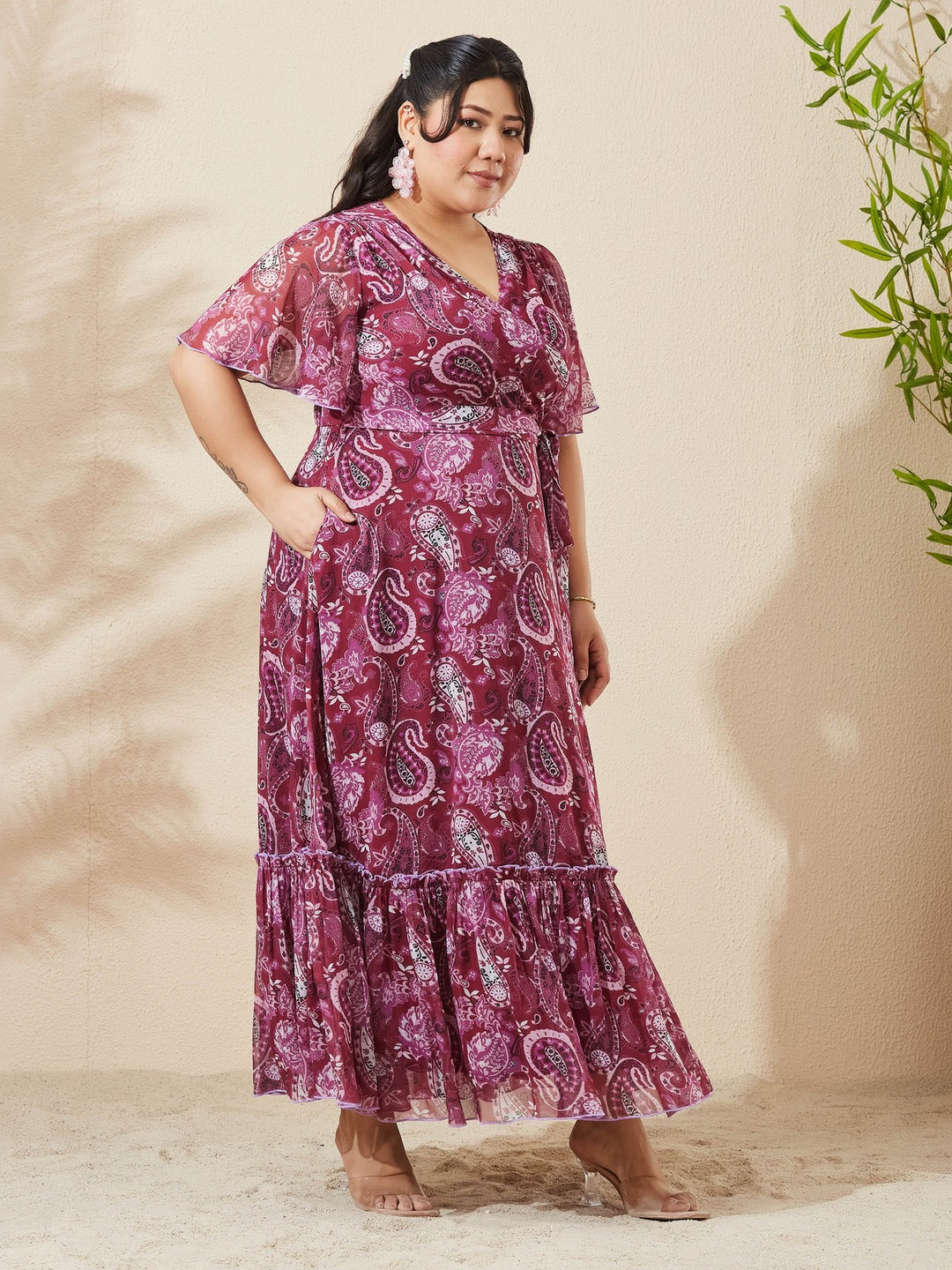 Wine V-Neck Half Sleeve Floral Wrap Maxi Chiffon Dress for Women